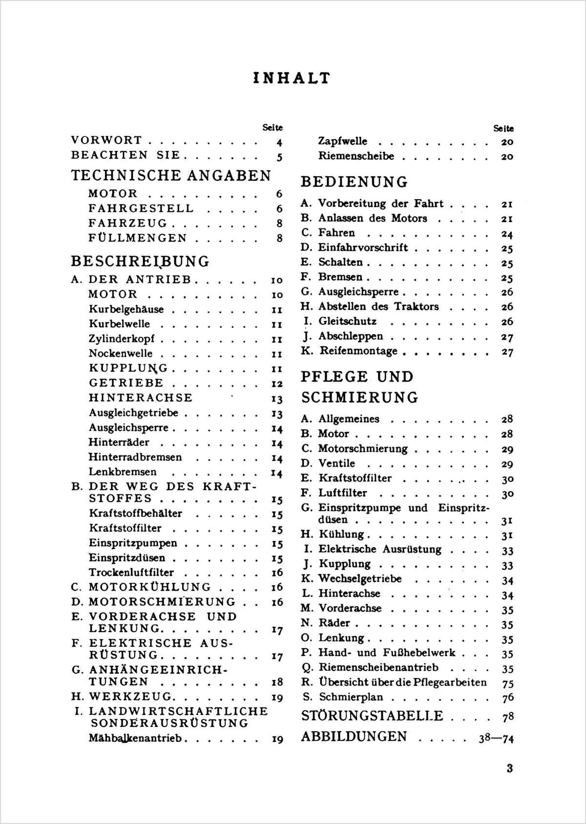 Steyr 180 - 26 PS Traktor Betriebsanleitung Ausgabe 1947, Inhaltsverzeichnis