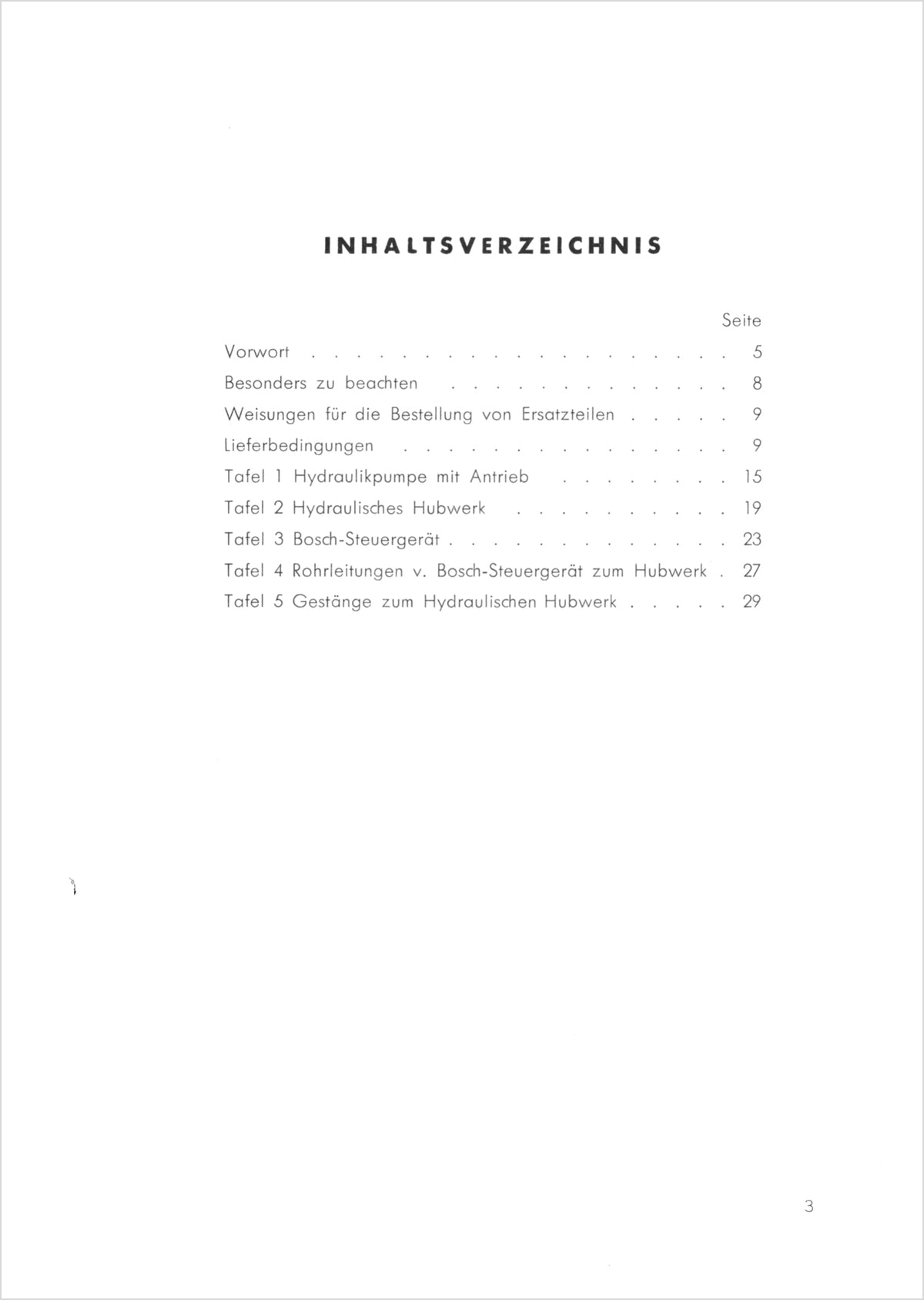 Steyr 185 Hydraulisches Hubwerk Ersatzteilkatalog Ausgabe 1956, Inhaltsverzeichnis