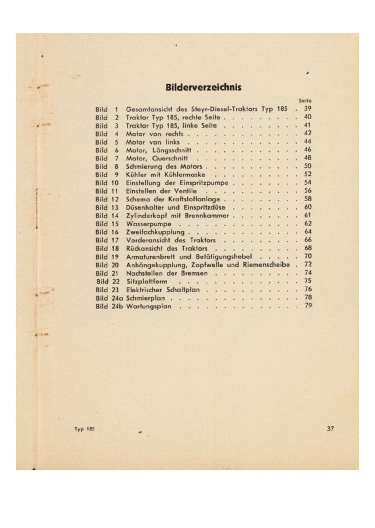 Steyr 185 Traktor Betriebsanleitung Ausgabe 1957, Bilderverzeichnis