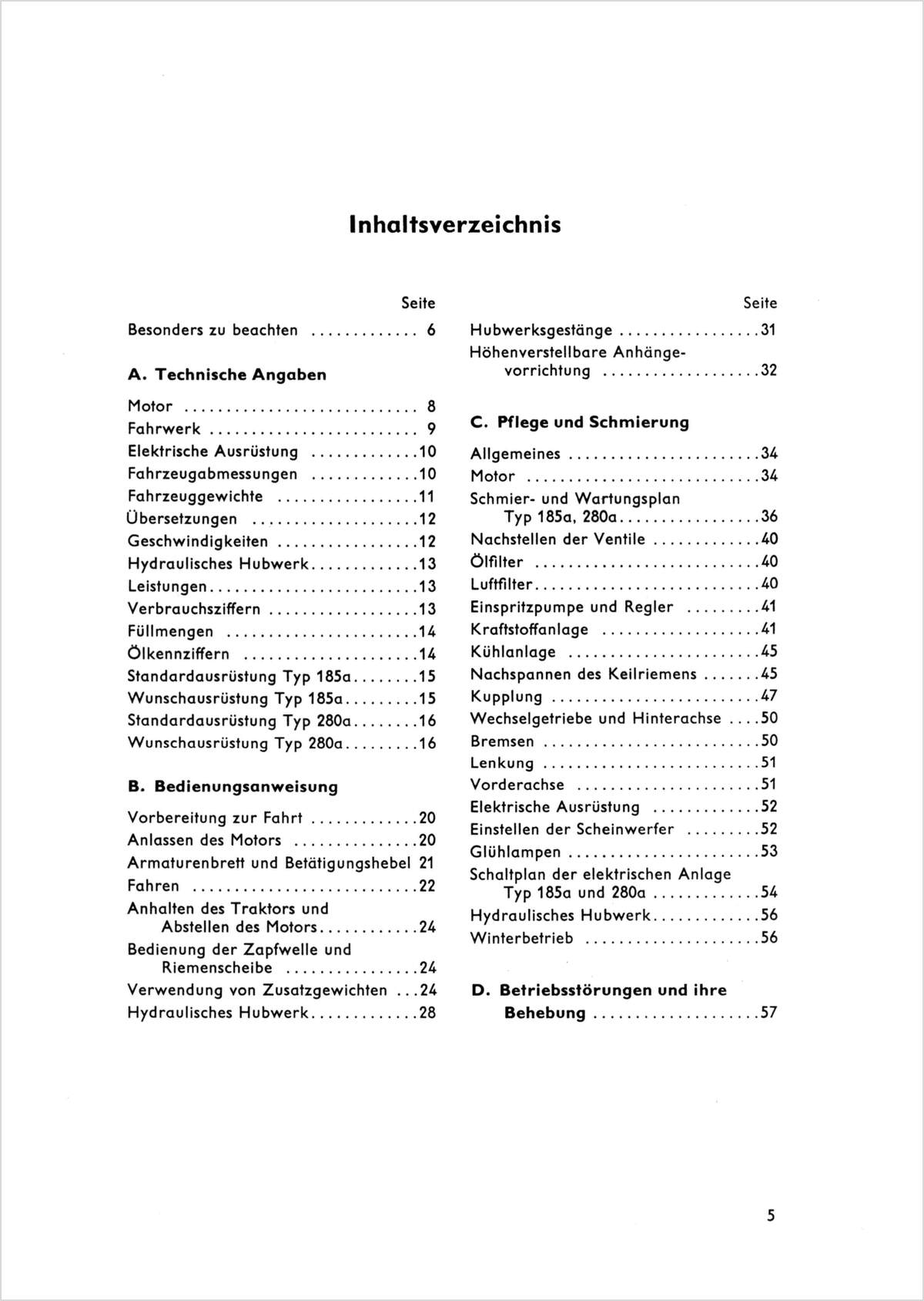 Steyr 185a und 280a Traktor Betriebsanleitung TS 85/65, Inhaltsverzeichnis