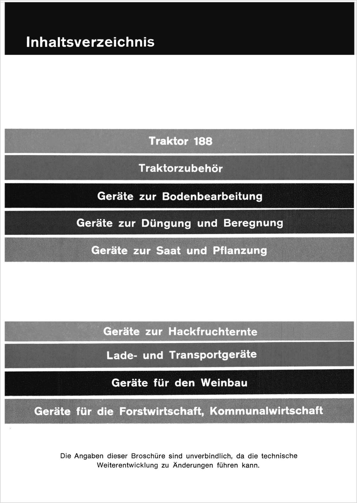 Steyr 188 Geräteprogramm für den Traktor Ausgabe 1964, Inhaltsverzeichnis