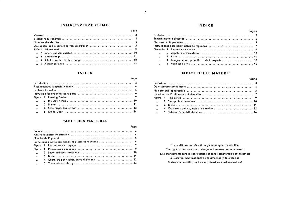 Steyr 188 und 188n Anbaumähwerk Ersatzteilkatalog TS 39/66, Inhaltsverzeichnis