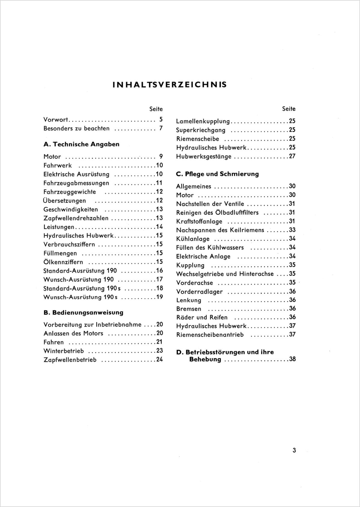 Steyr 190 und 190s Traktor Betriebsanleitung Ausgabe 1965, Inhaltsverzeichnis