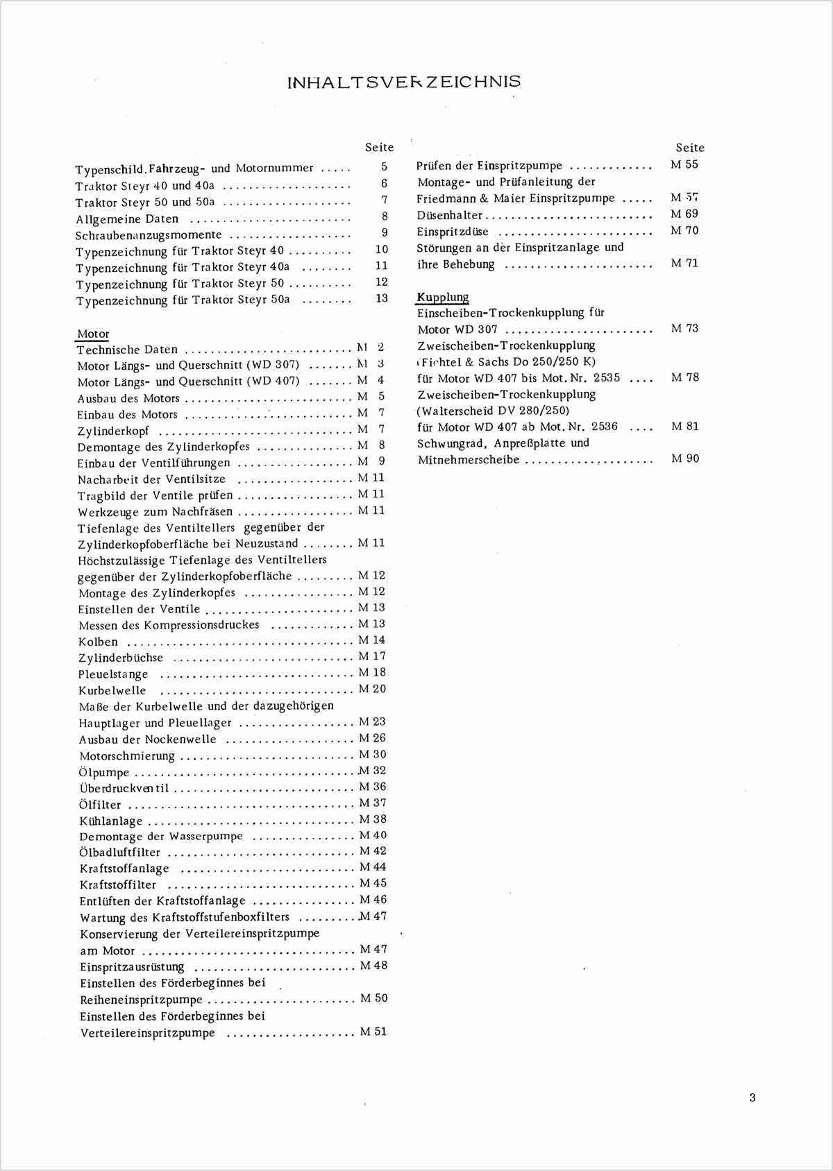 Steyr 40 40a 50 50a 540 540a 650 650a Traktor Reparaturanleitung TS 73/69, Inhaltsverzeichnis