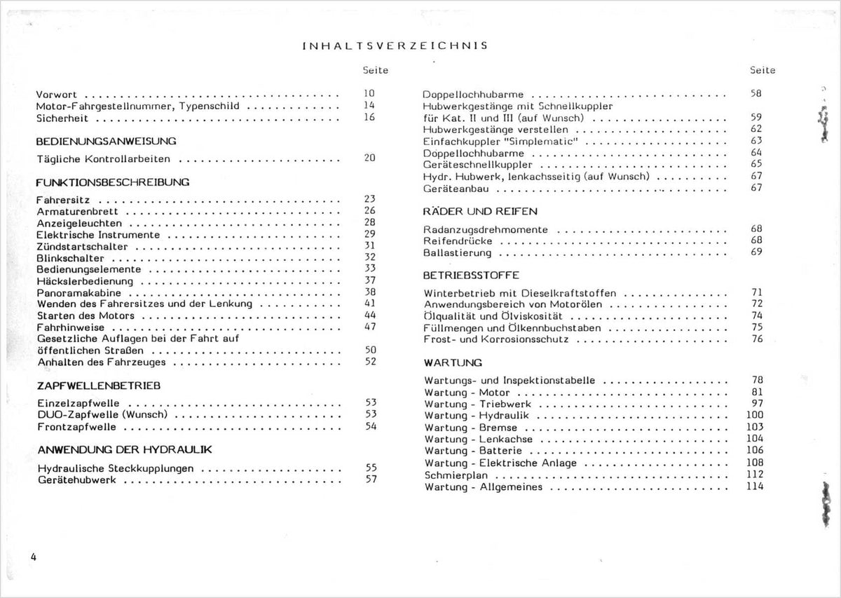 Steyr 8320 8320a 83TK Traktor Betriebsanleitung Ausgabe 1990, Inhaltsverzeichnis