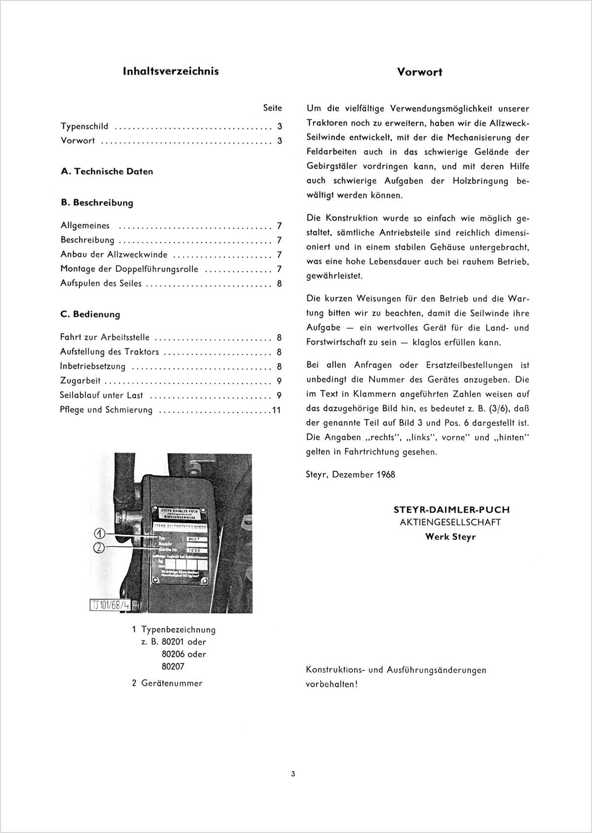 Steyr Allzweck-Seilwinde Betriebsanleitung TS 101/68, Inhaltsverzeichnis