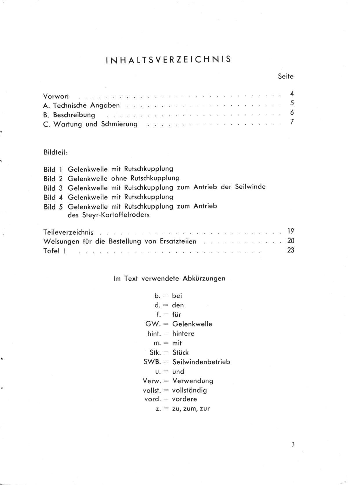Steyr Gelenkwelle Betriebsanleitung und Ersatzteilkatalog Ausgabe 1953, Inhaltsverzeichnis