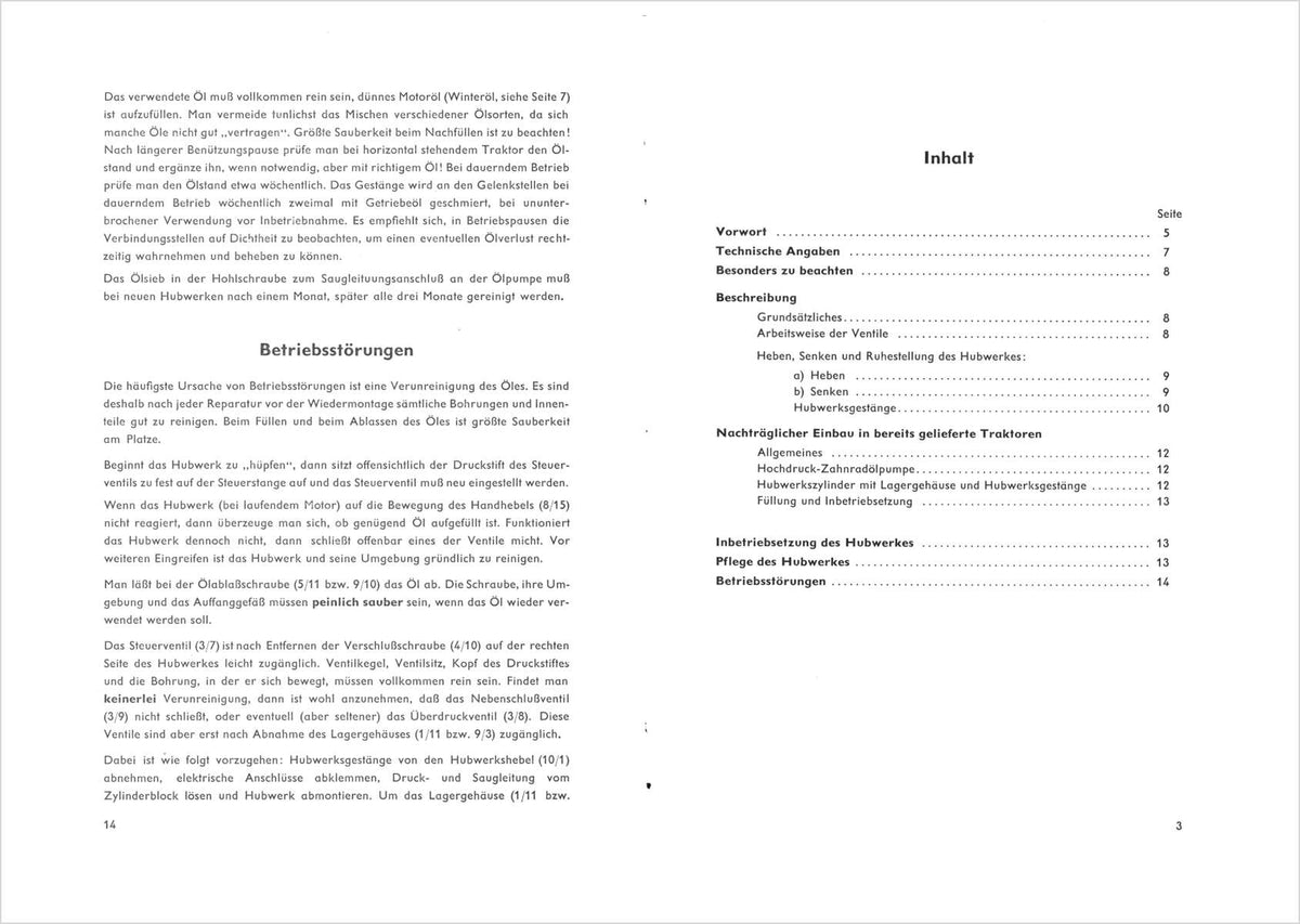 Steyr N180a N182 N182a Hydraulisches Hubwerk Betriebsanleitung Ausgabe 1961, Inhaltsverzeichnis