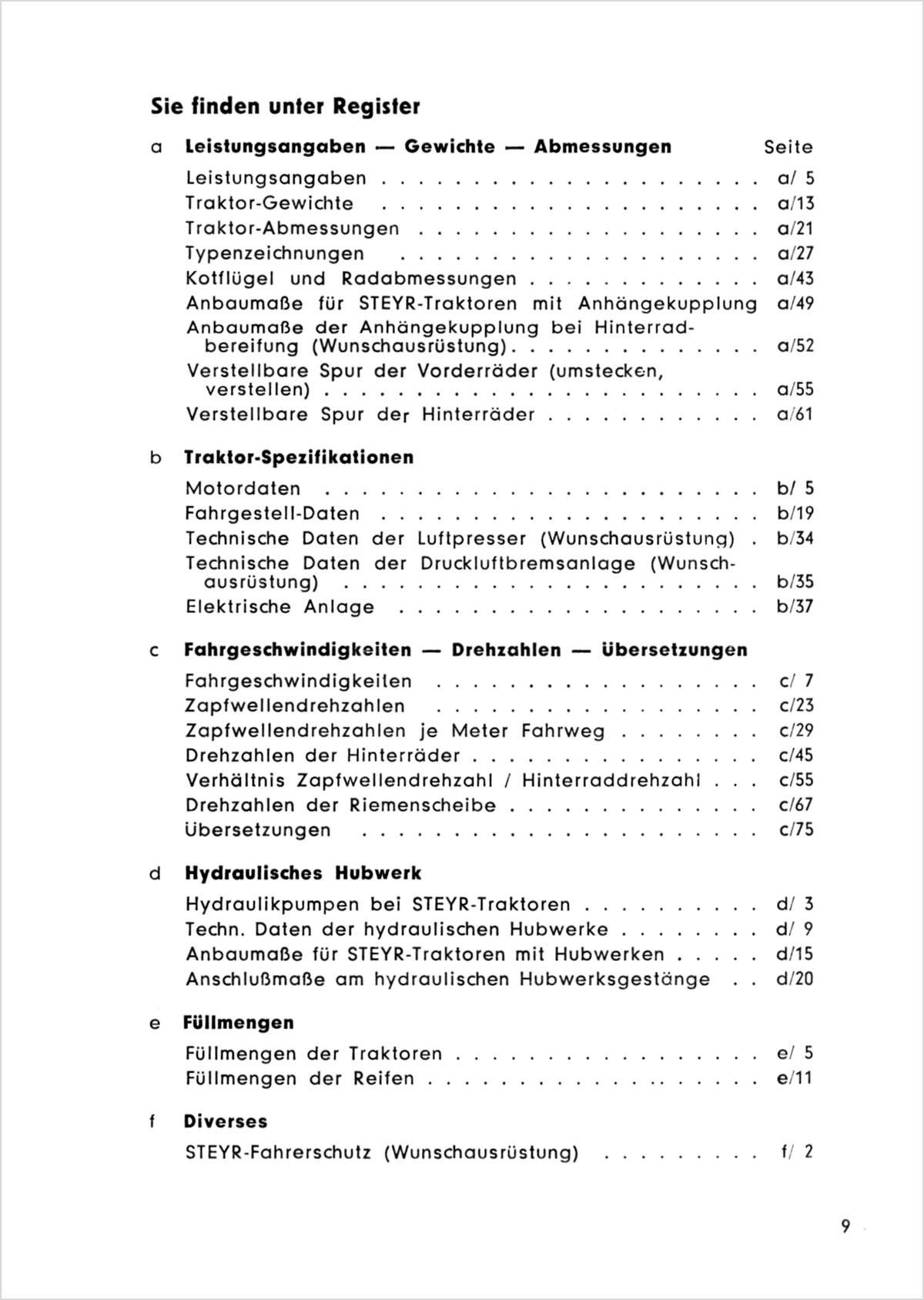 Steyr Plus-Serie Traktoren Werkstattdaten - Ausgabe 1967 TS 164/68, Inhaltsverzeichnis