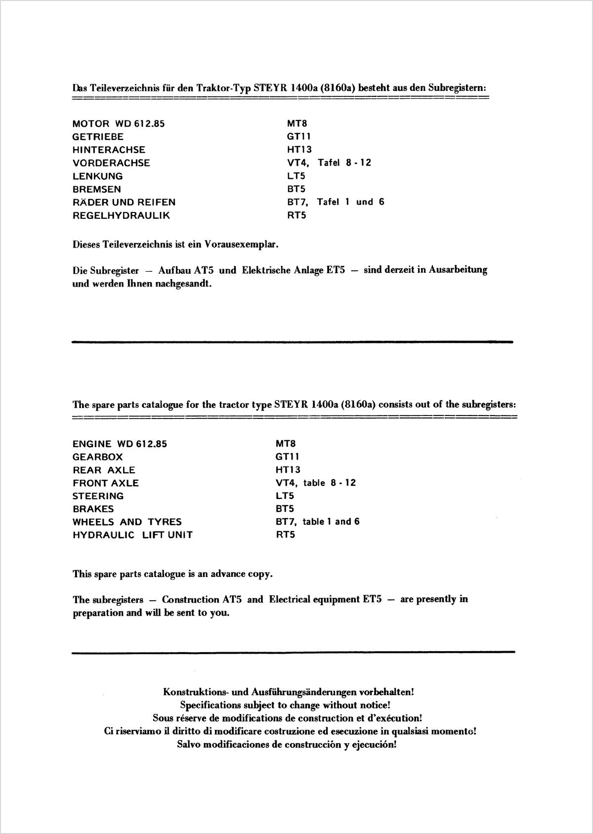 Steyr 1400a und 8160a Traktor Ersatzteilkatalog TS 234/76, Inhaltsverzeichnis