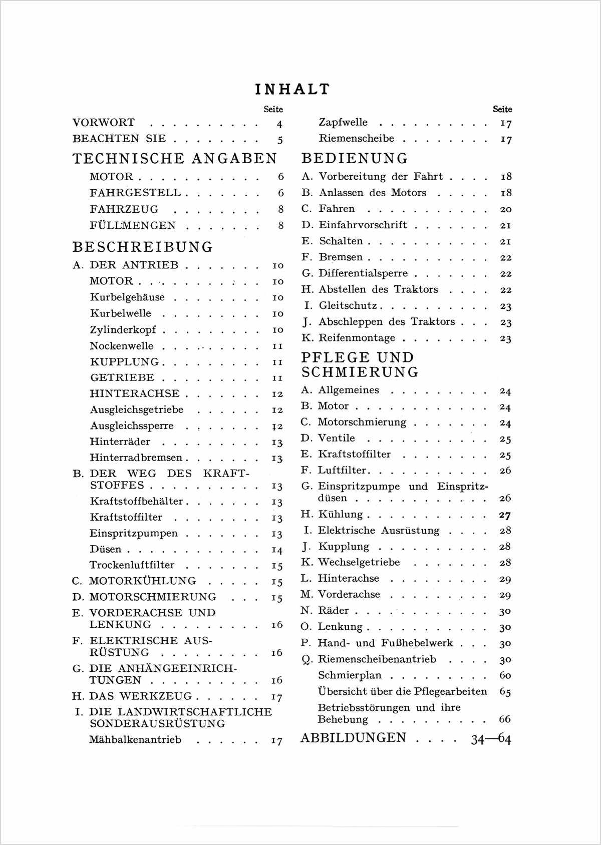 Steyr 180 - 26 PS Traktor Betriebsanleitung Ausgabe 1949, Inhaltsverzeichnis