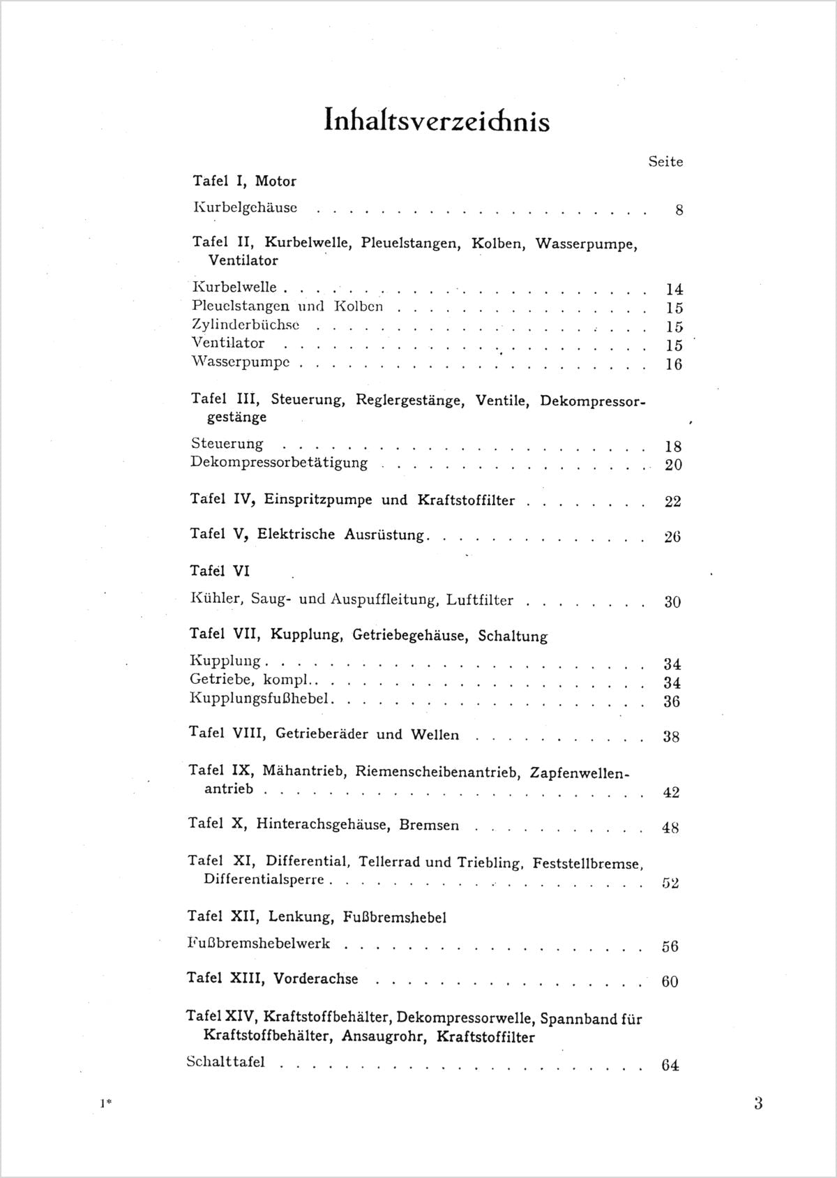Steyr 180 - 26 PS Traktor Ersatzteilkatalog Ausgabe 1948, Inhaltsverzeichnis, Seite 1