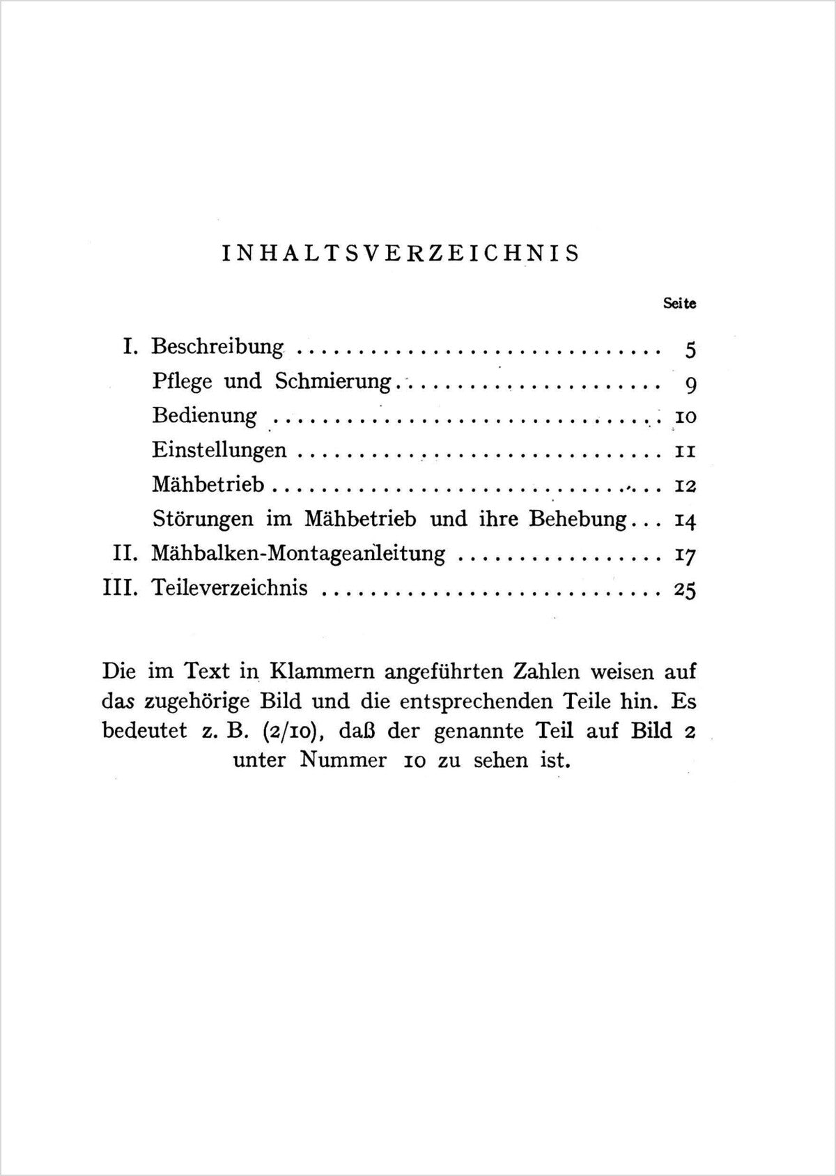 Steyr 180 Anbau-Mähbalken Betriebsanleitung und Ersatzteilkatalog Ausgabe 1949, Inhaltsverzeichnis
