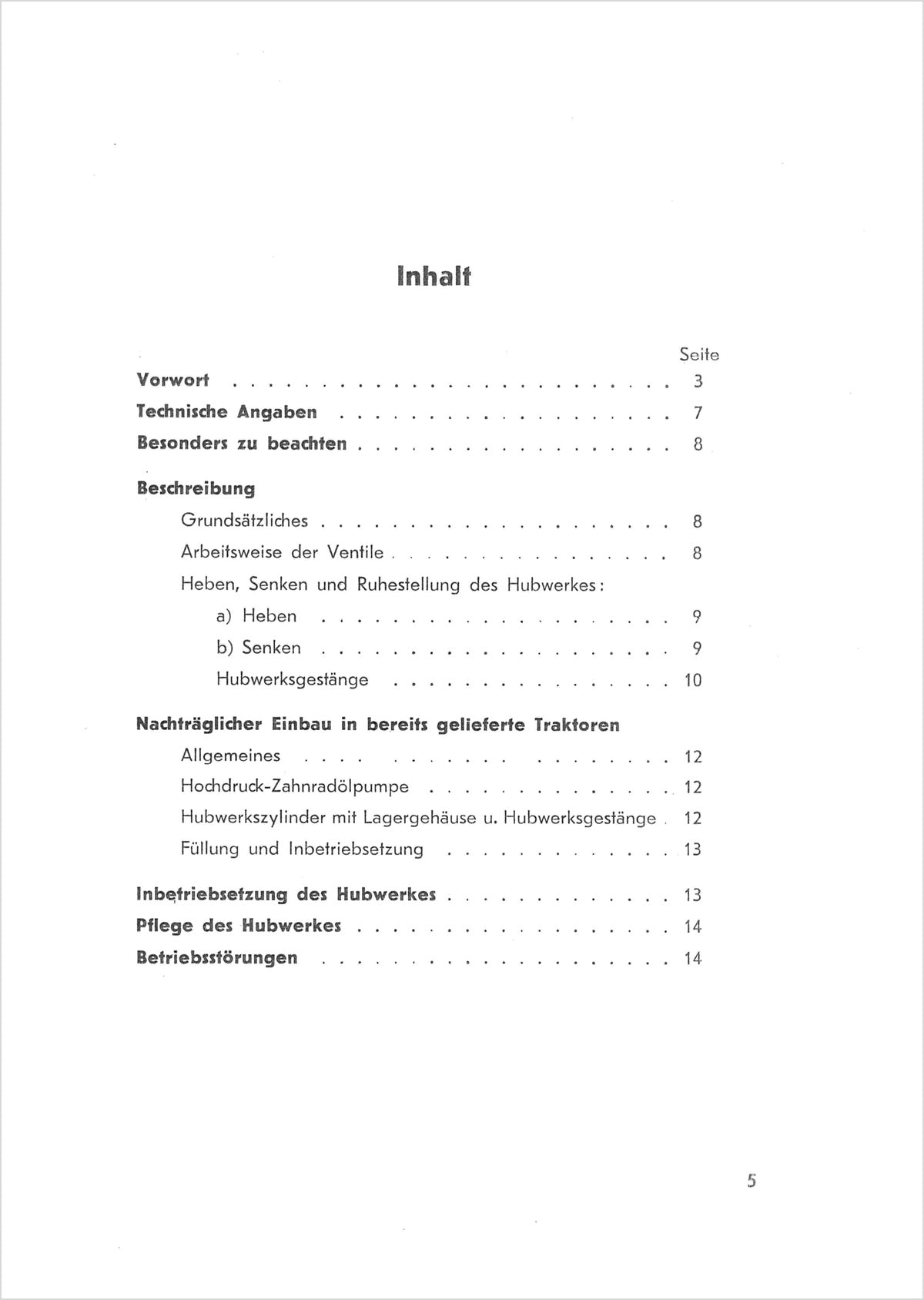 Steyr 180 und 180a Hydraulisches Hubwerk Betriebsanleitung TS 78/55, Inhaltsverzeichnis
