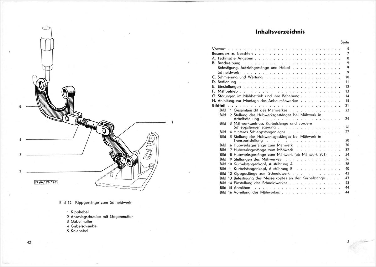 Steyr 180a Anbaumähwerk Betriebsanleitung Ausgabe 1954, Inhaltsverzeichnis