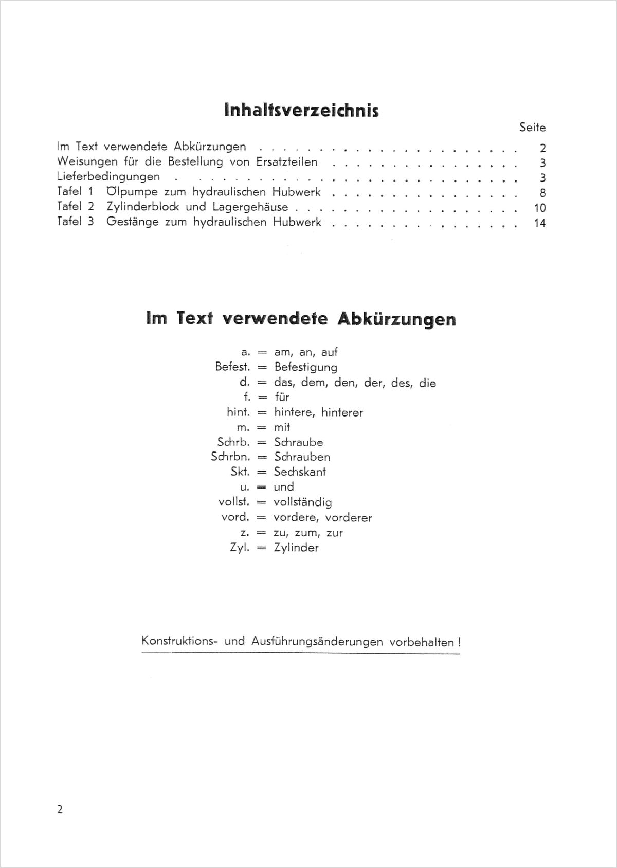 Steyr 180a Hydraulisches Hubwerk Ersatzteilkatalog TS 83/54, Inhaltsverzeichnis