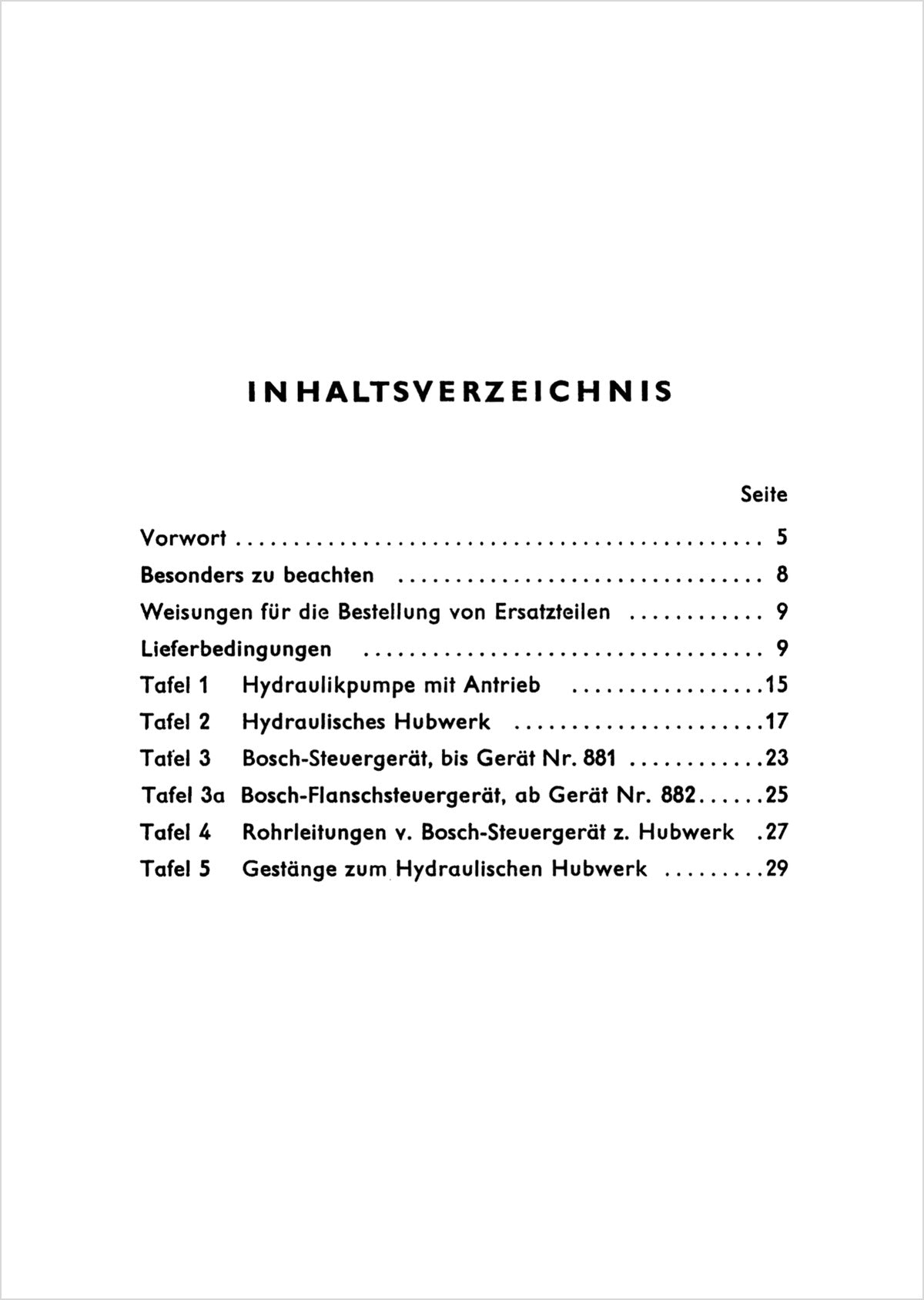 Steyr 185 185a 280a Hydraulik Hubwerk Ersatzteilkatalog TS 9/63, Inhaltsverzeichnis