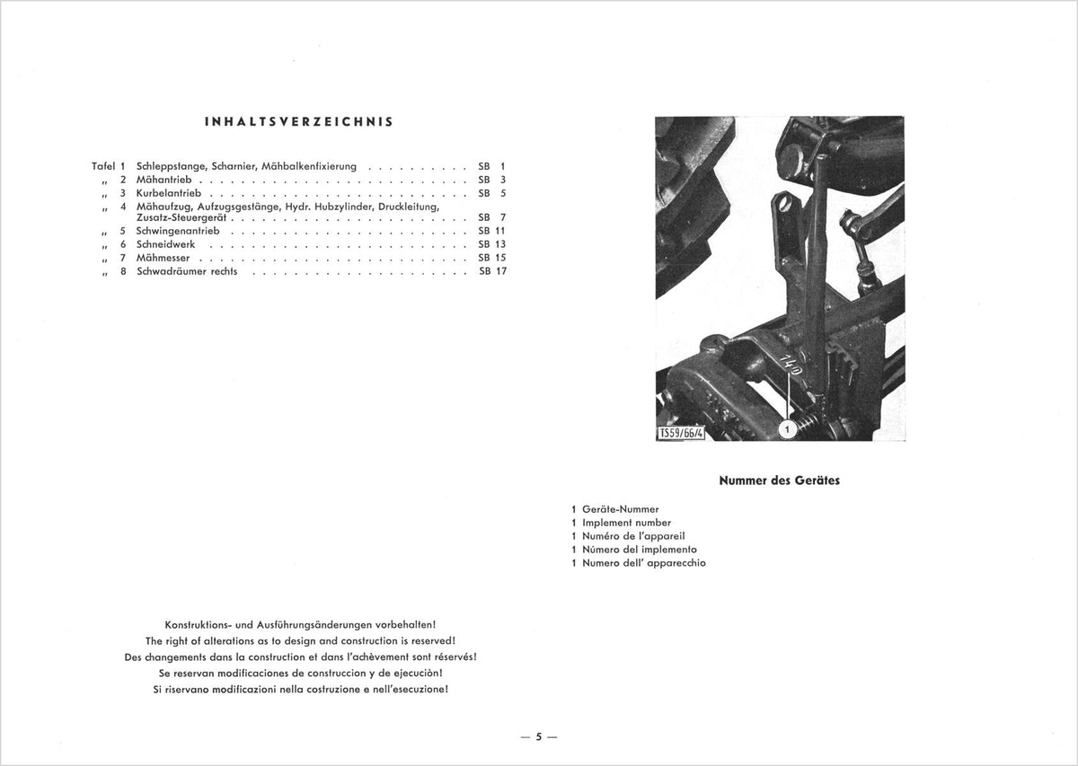 Steyr 188 188n190 Busatis Doppelmesser-Schneidwerk Ersatzteilkatalog Ausgabe 1966, Inhaltsverzeichnis