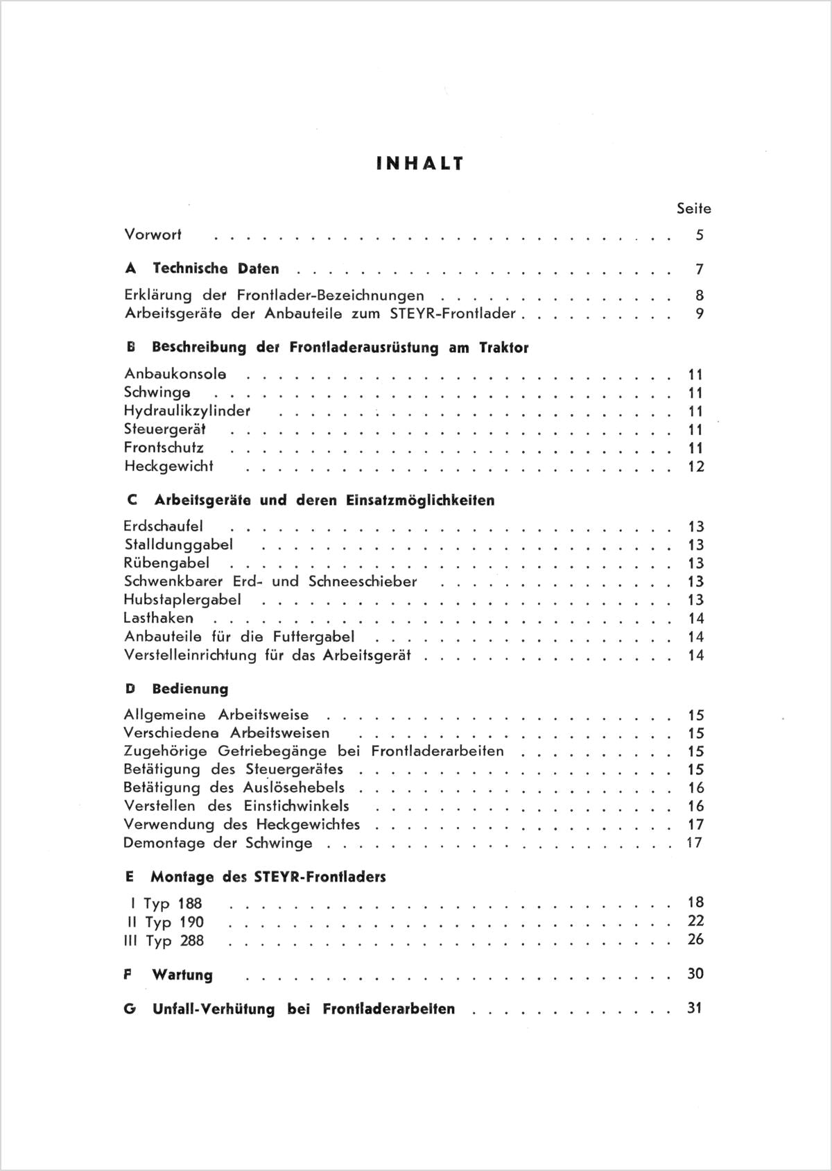 Steyr 188 190 288 Frontlader Betriebsanleitung TS 10/65, Inhaltsverzeichnis