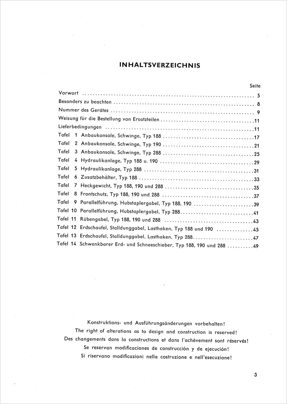 Steyr 188 190 288 Frontlader Ersatzteilkatalog TS 11/65, Inhaltsverzeichnis