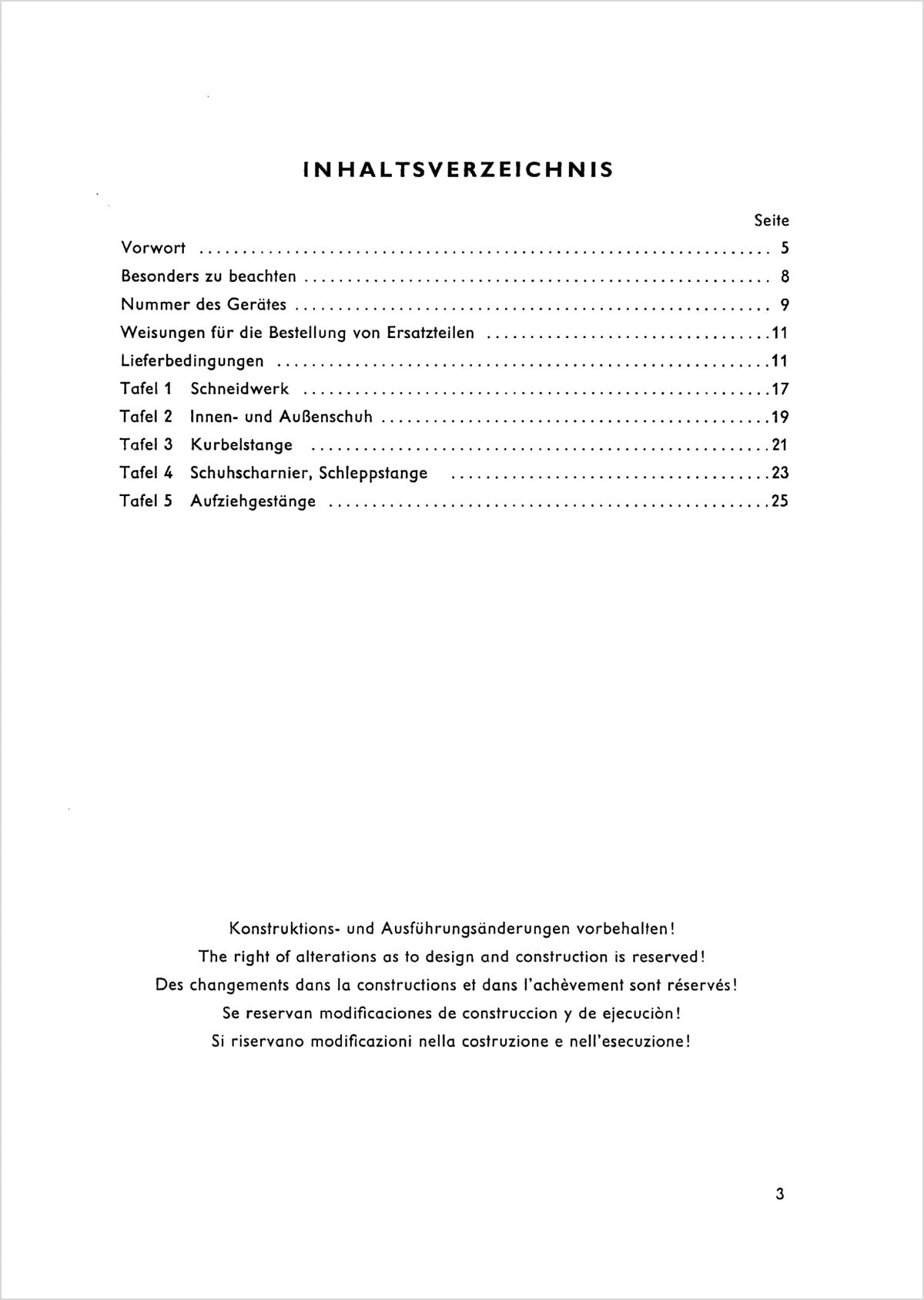 Steyr 188 Anbaumähwerk Ersatzteilkatalog TS 127/60, Inhaltsverzeichnis