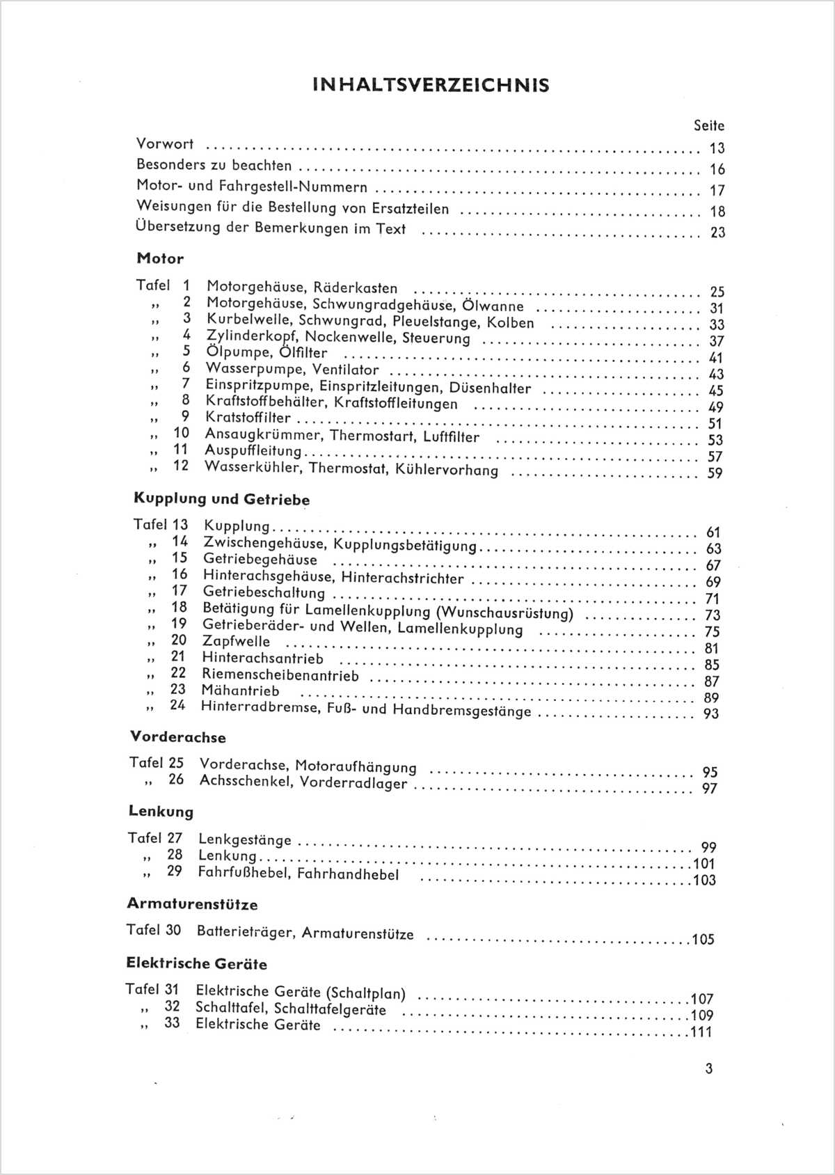 Steyr 188 Traktor Ersatzteilkatalog TS 38/61, Inhaltsverzeichnis, Seite 1