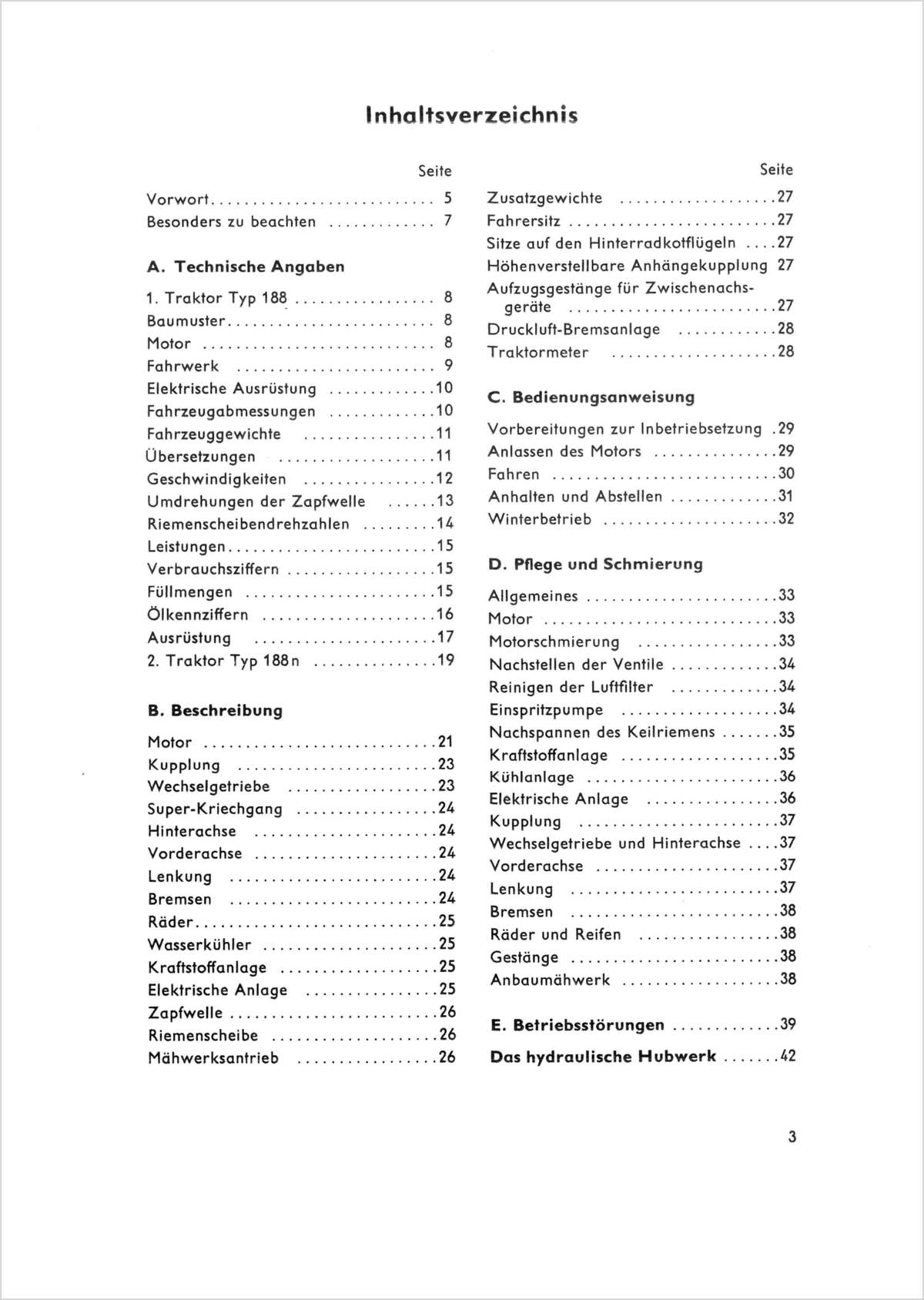 Steyr 188 und 188n Traktor Betriebsanleitung Ausgabe 1965, Inhaltsverzeichnis