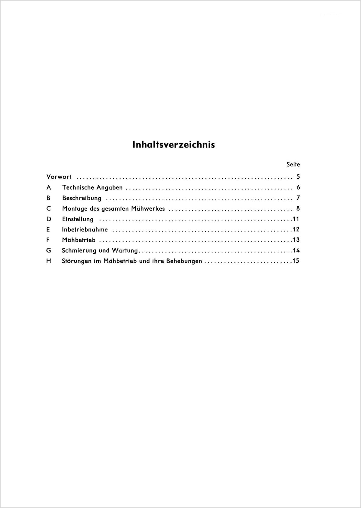 Steyr 190 Anbaumähwerk Betriebsanleitung TS 74/64, Inhaltsverzeichnis