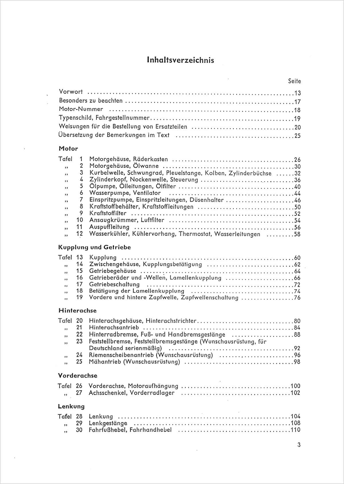 Steyr 190 Traktor Ersatzteilkatalog TS 50/64, Inhaltsverzeichnis, Seite 1