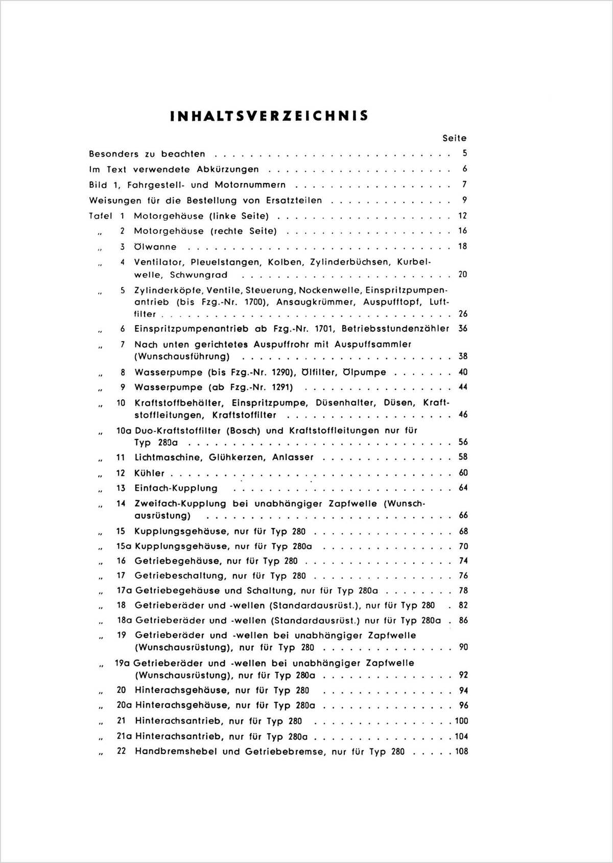 Steyr 280 und 280a Traktor Ersatzteilkatalog TS 66/57, Inhaltsverzeichnis, Seite 1