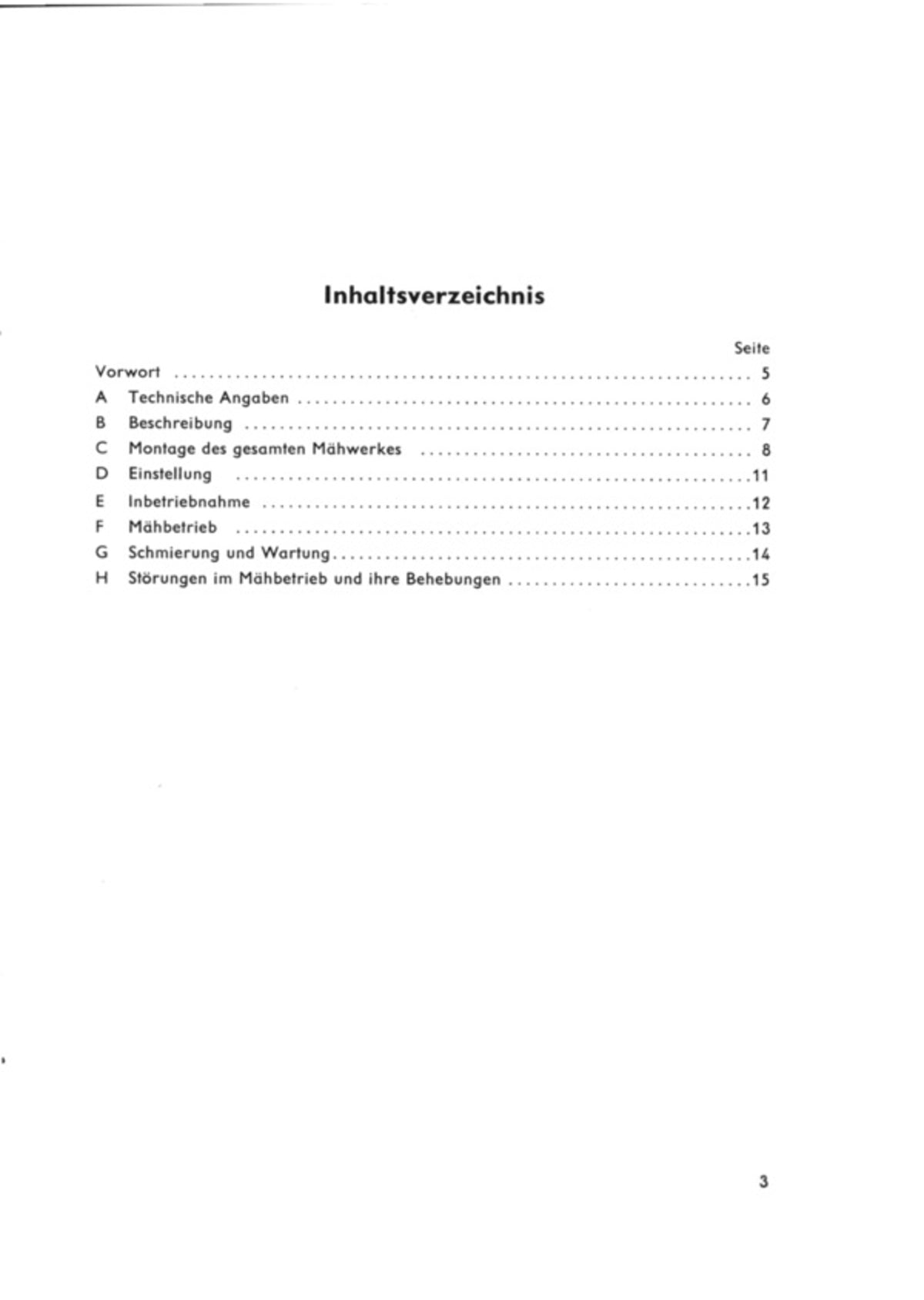 Steyr 288 Anbaumähwerk Betriebsanleitung Ausgabe 1963, Inhaltsverzeichnis