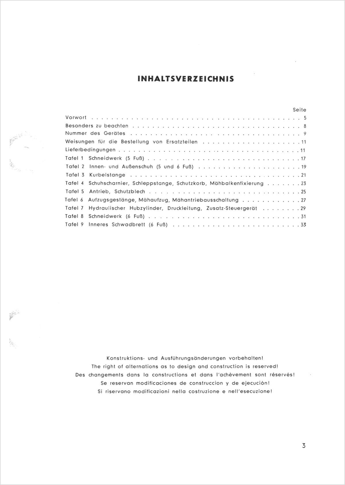 Steyr 288 Anbaumähwerk Ersatzteilkatalog Ausgabe 1964, Inhaltsverzeichnis