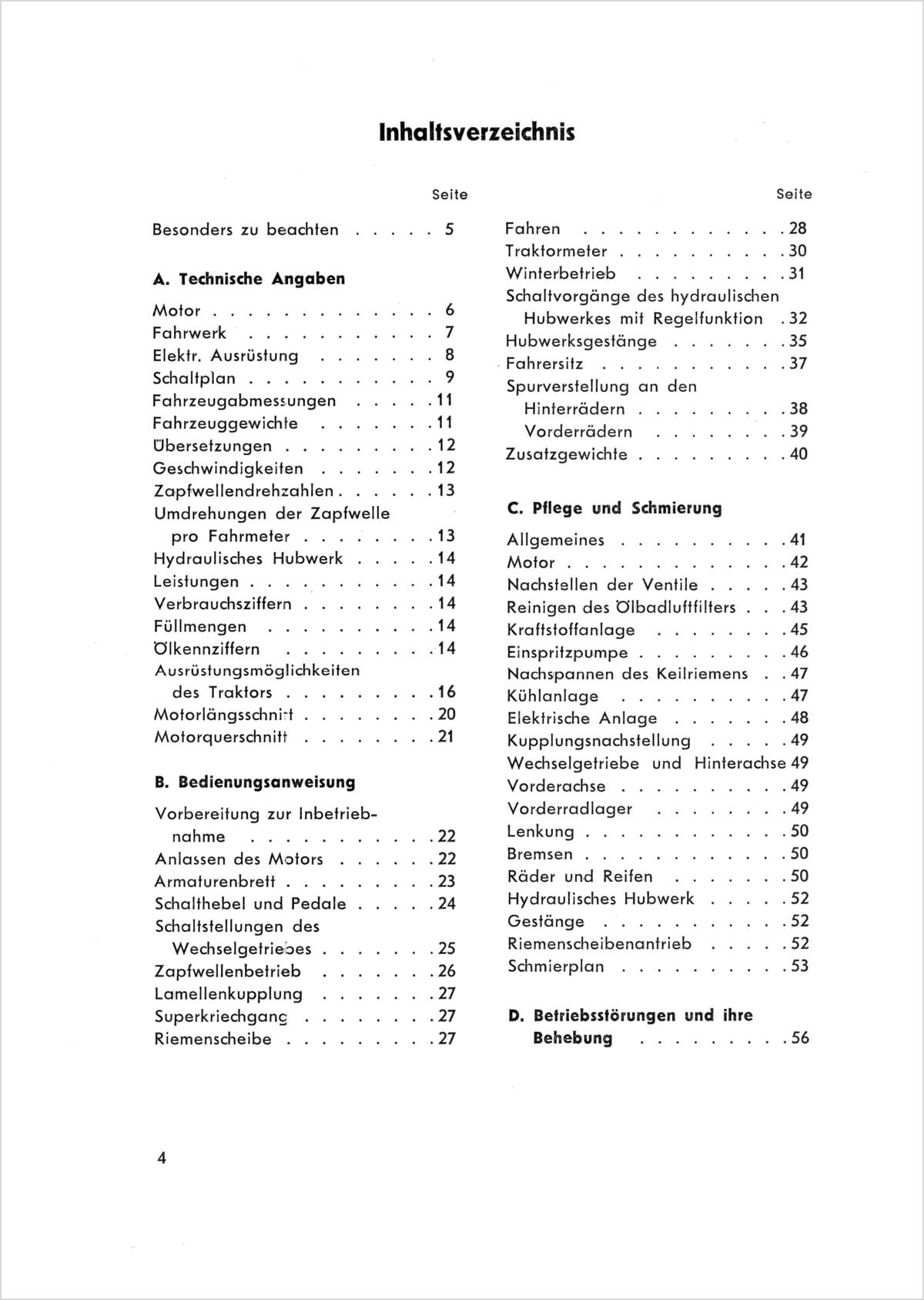 Steyr 30 und 30n Traktor Betriebsanleitung TS 3/61, Inhaltsverzeichnis