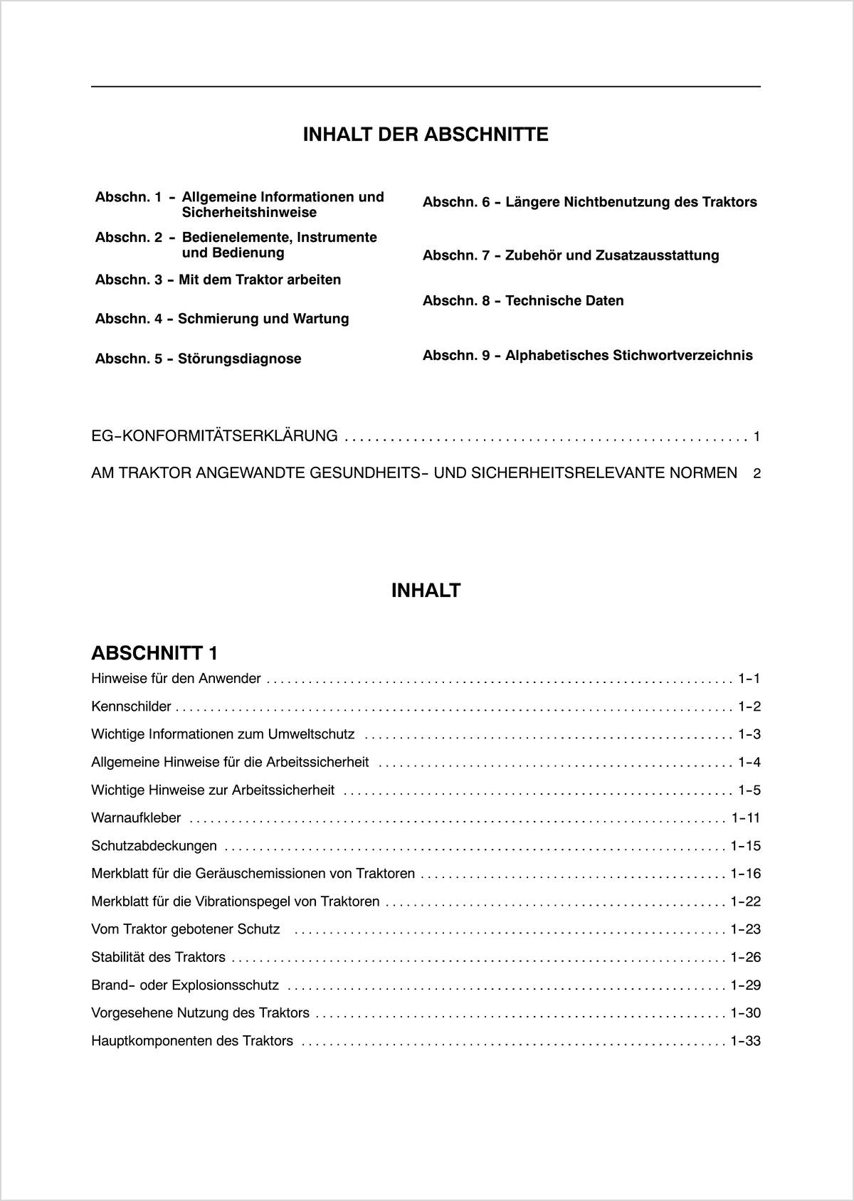 Steyr 4055S und 4065S Kompakt Traktor Betriebsanleitung Ausgabe 2011, Inhaltsverzeichnis