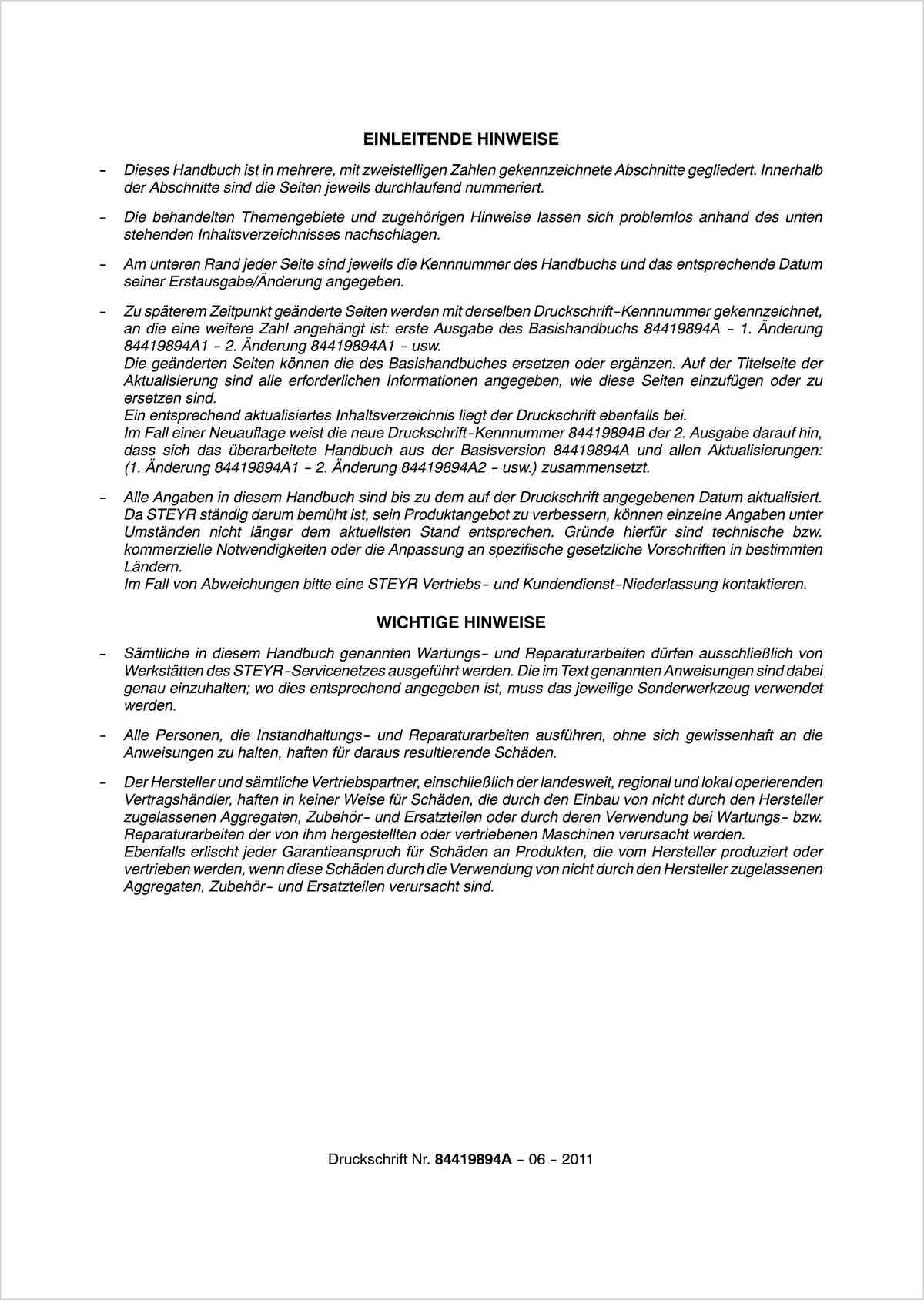 Steyr 4055S und 4065S Kompakt Traktor Wartungshandbuch, Inhaltsverzeichnis, Seite 1
