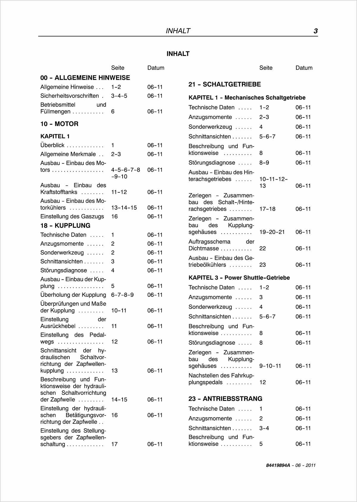 Steyr 4055S und 4065S Kompakt Traktor Wartungshandbuch, Inhaltsverzeichnis, Seite 2
