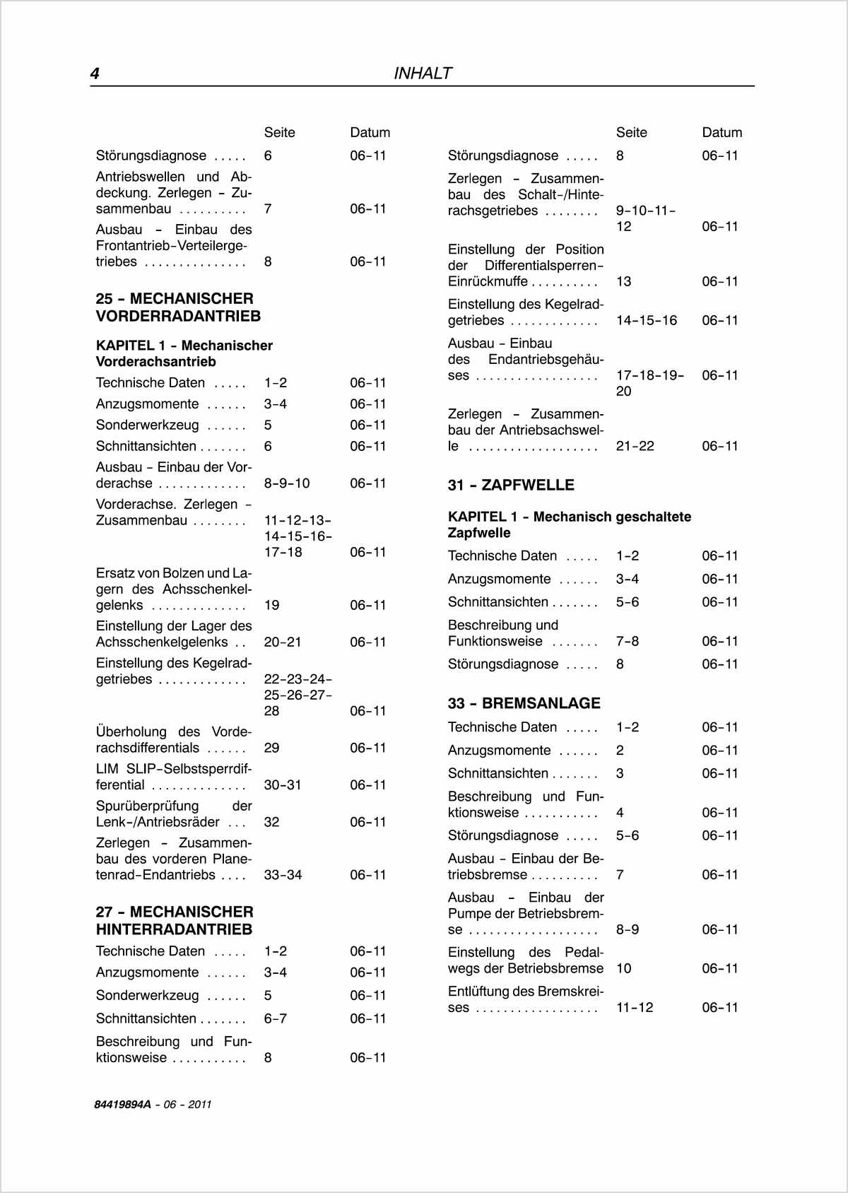 Steyr 4055S und 4065S Kompakt Traktor Wartungshandbuch, Inhaltsverzeichnis, Seite 3