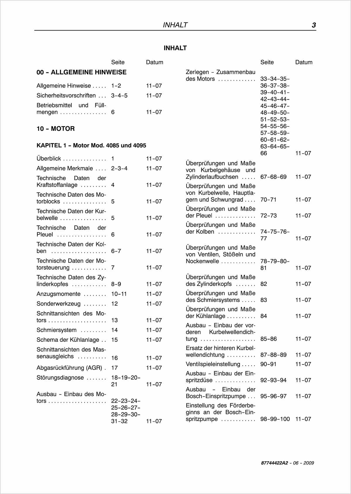 Steyr 4065 4075 4085 4095 Kompakt Traktor Wartungshandbuch Ausgabe 2009, Inhaltsverzeichnis, Seite 1