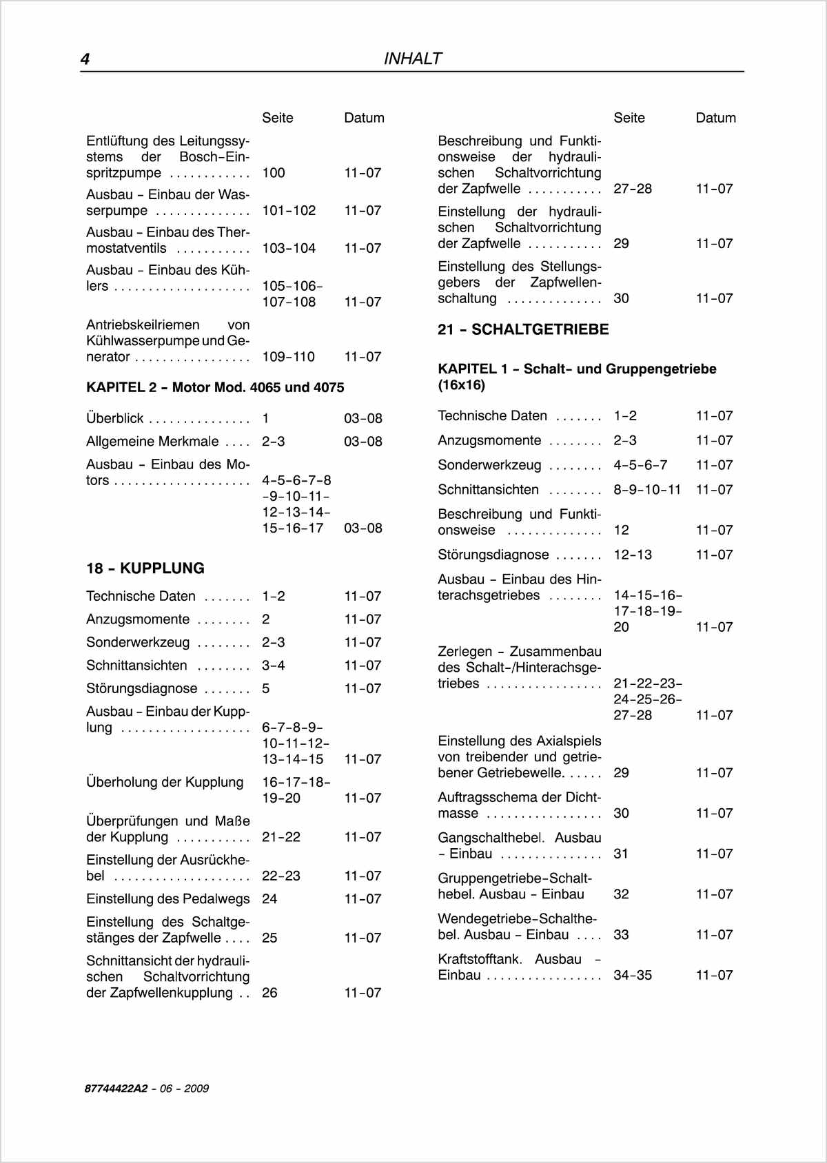 Steyr 4065 4075 4085 4095 Kompakt Traktor Wartungshandbuch Ausgabe 2009, Inhaltsverzeichnis, Seite 2