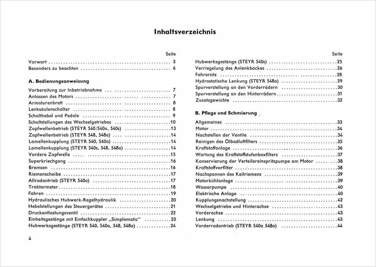 Steyr 540 540a 540s 548 548a Traktor Betriebsanleitung TS 119/67, Inhaltsverzeichnis