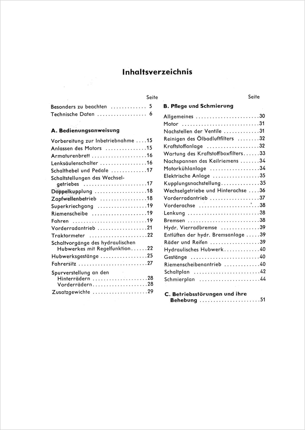 Steyr 650 Traktor Betriebsanleitung TS 128/69, Inhaltsverzeichnis