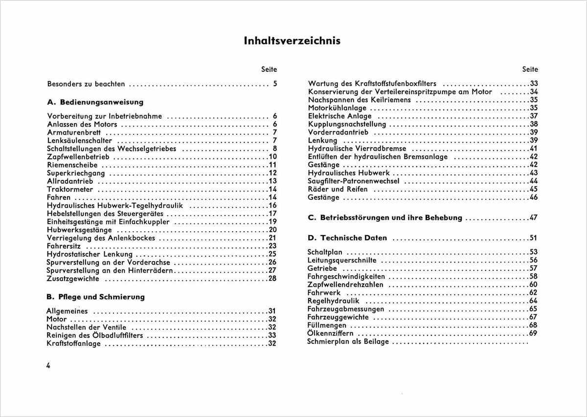 Steyr 658 658a 768 768a Traktor Betriebsanleitung TS 223/77, Inhaltsverzeichnis