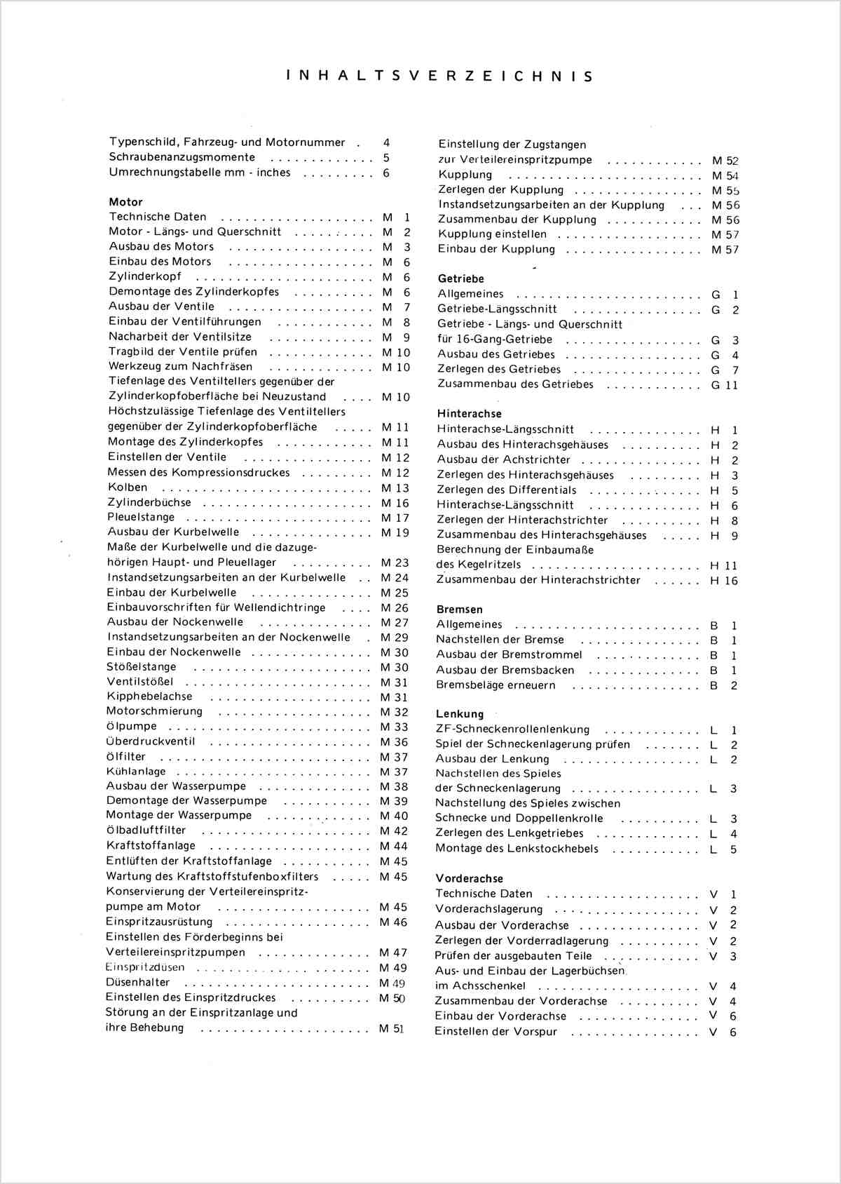 Steyr 658 und 768 Traktor Reparaturanleitung TS 201/79, Inhaltsverzeichnis, Seite 1