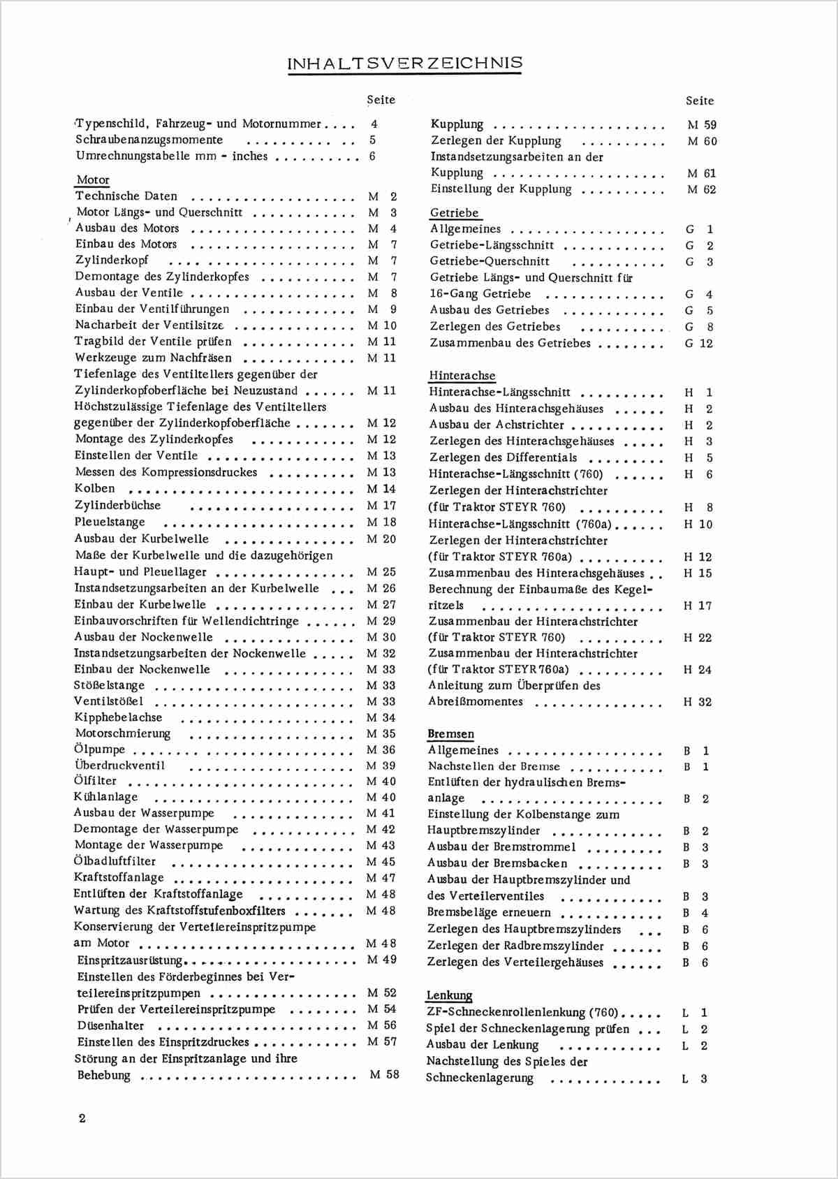 Steyr 760 und 760a Traktor Reparaturanleitung TS 129/72, Inhaltsverzeichnis, Seite 1