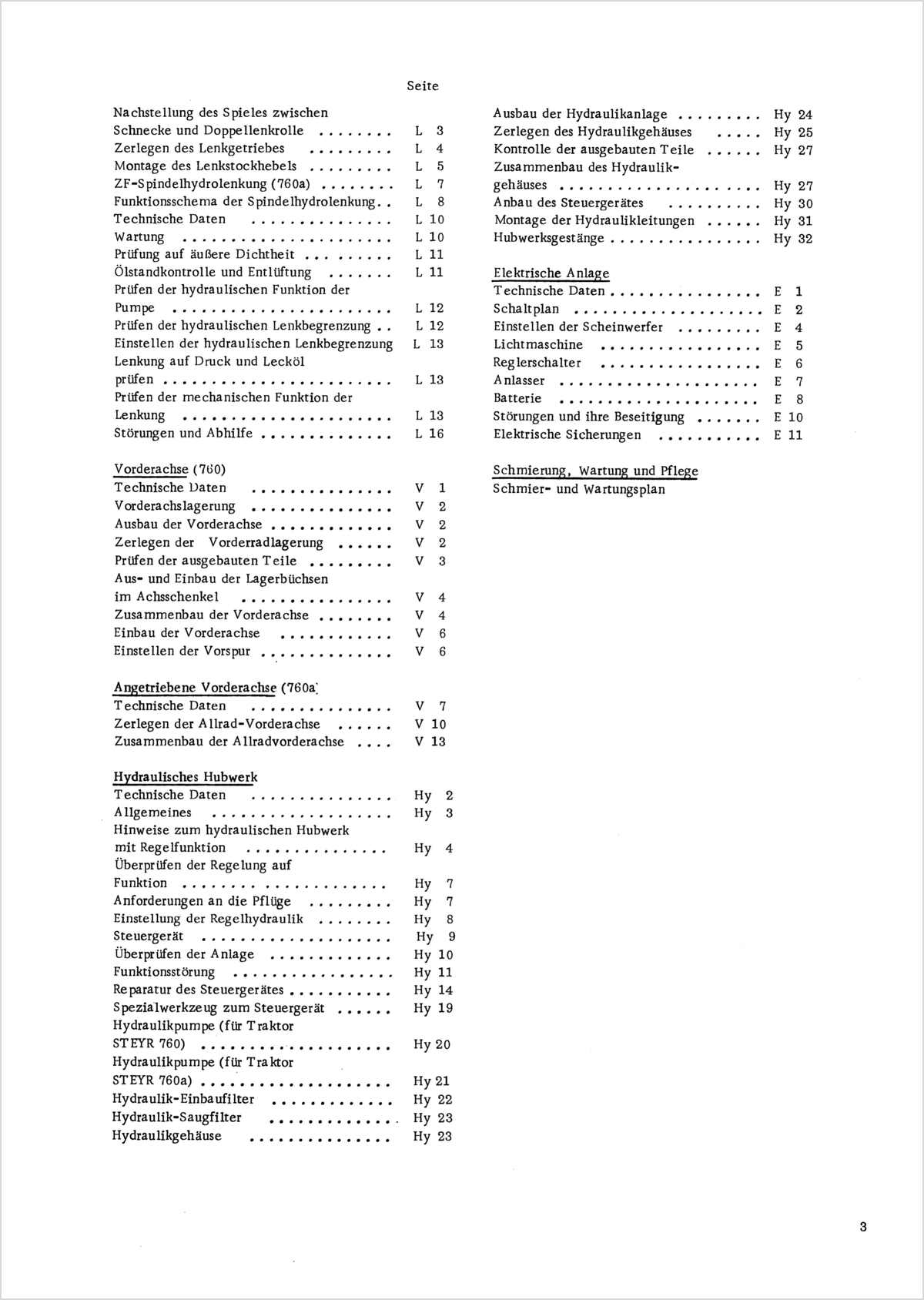 Steyr 760 und 760a Traktor Reparaturanleitung TS 129/72, Inhaltsverzeichnis, Seite 2