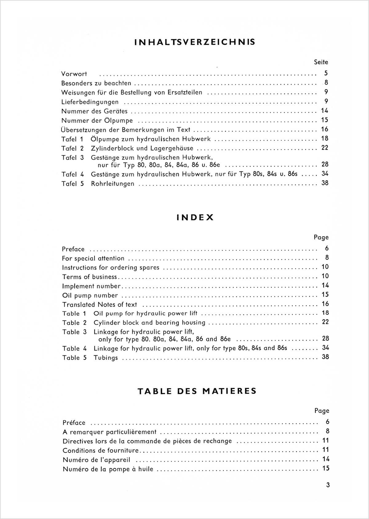 Steyr 80 80a 80s 84 84a 84s 86 86e 86s Hydraulisches Hubwerk Ersatzteilkatalog TS 18/66, Inhaltsverzeichnis, Seite 1