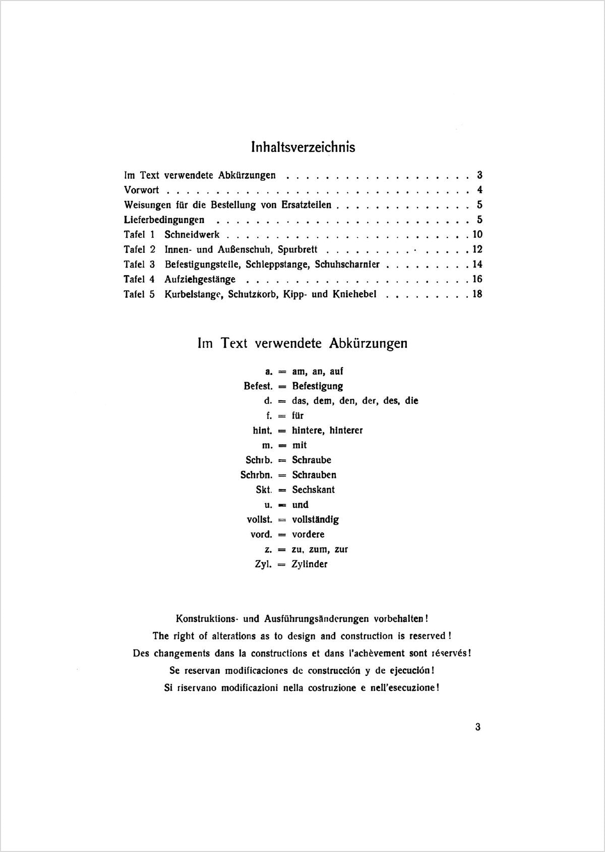 Steyr 80 Traktor Anbaumähwerk Ersatzteilkatalog TS 109/55, Inhaltsverzeichnis