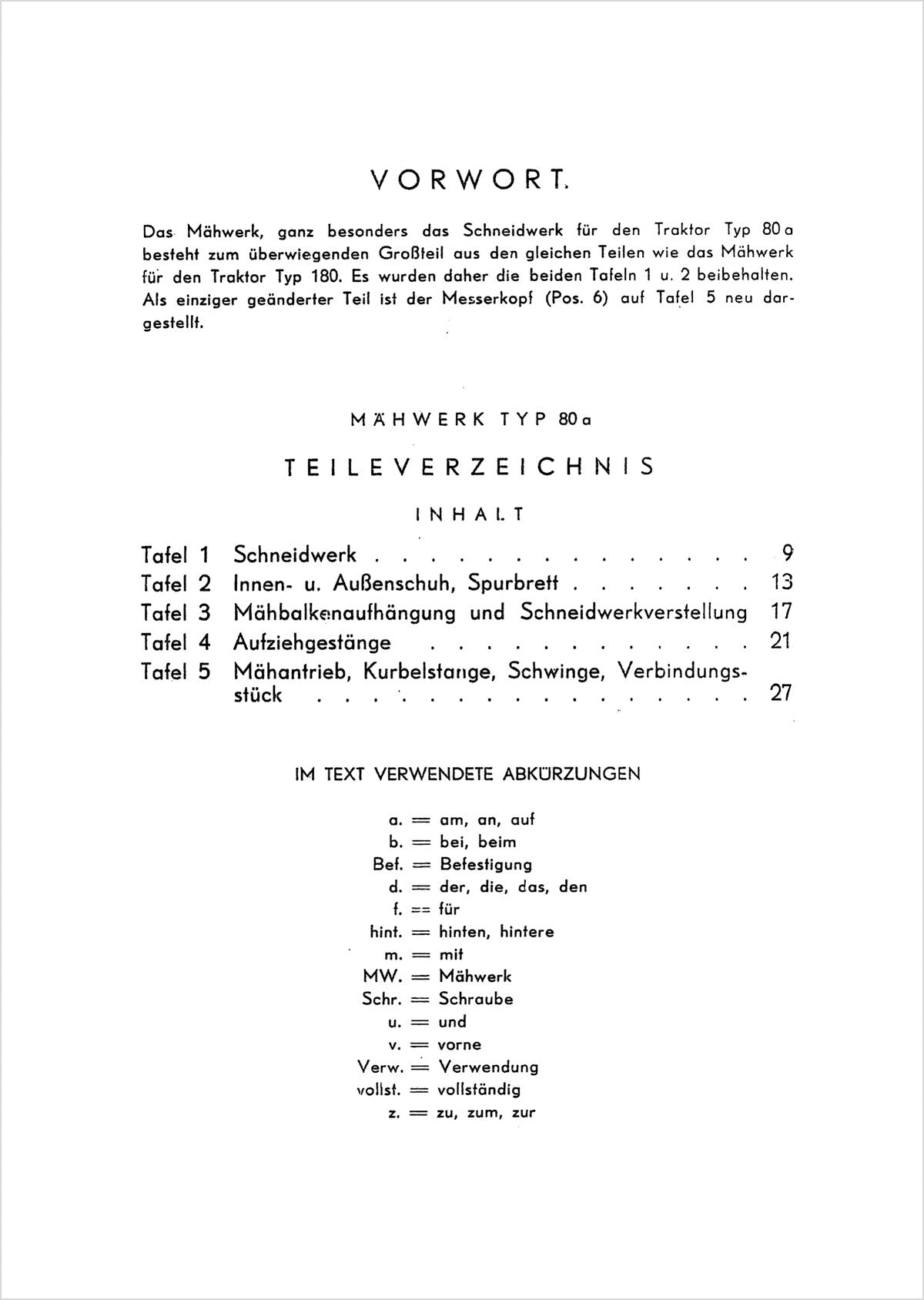 Steyr 80 und 80a Anbaumähwerk Ersatzteilkatalog TS 16/52, Inhaltsverzeichnis