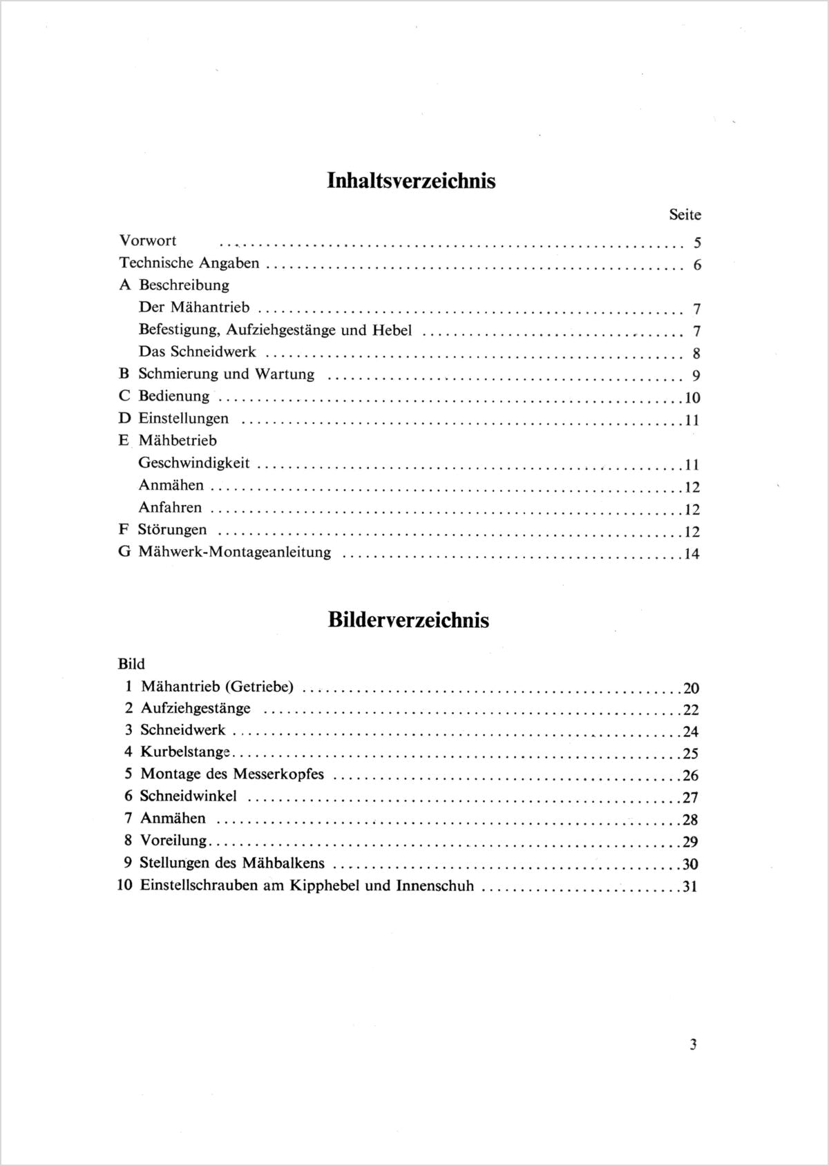 Steyr 80 und 84 Anbaumähwerk Betriebsanleitung TS 109/55, Inhaltsverzeichnis