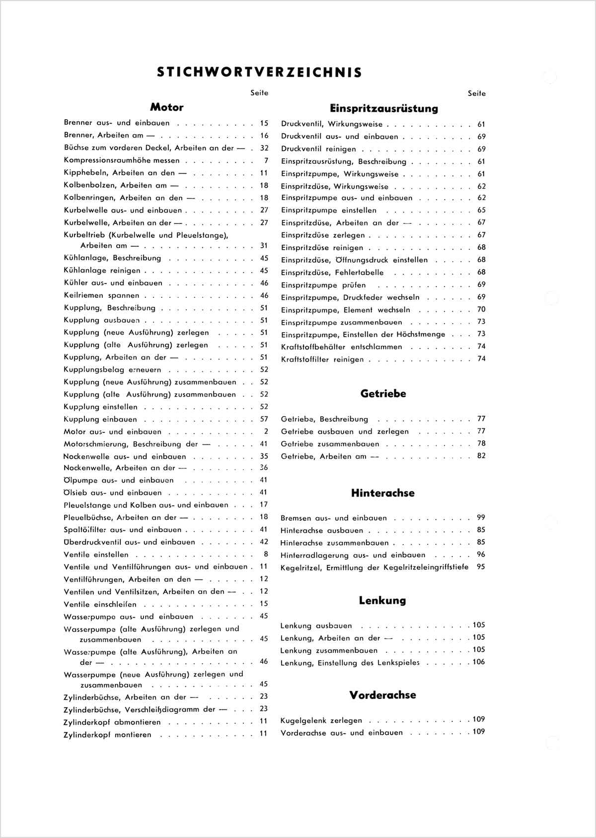 Steyr 80 und 84 Traktor Reparaturanleitung Ausgabe 1957, Stichwortverzeichnis, Seite 1